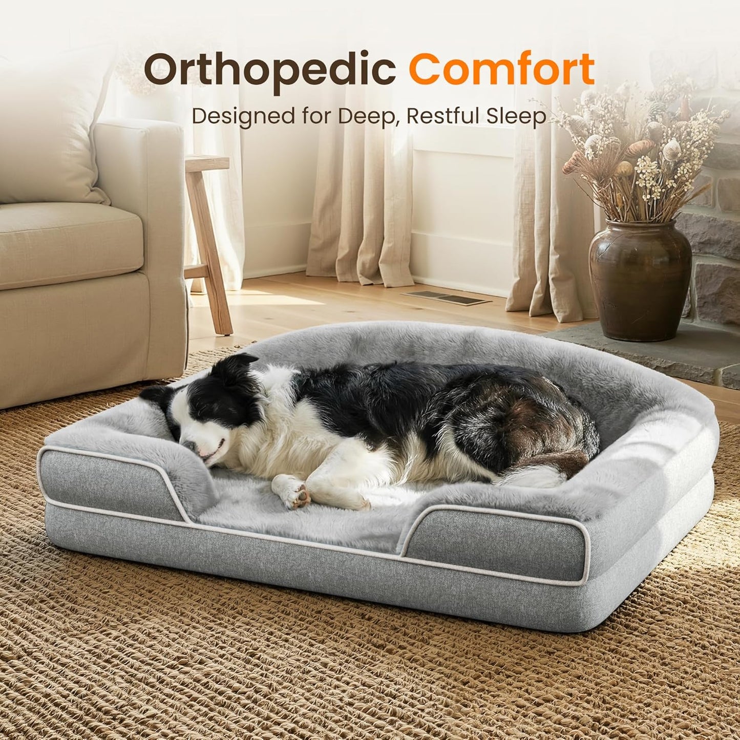 Orthopedic Dog Bed 35 x 25 Inch for Medium Large Dogs Waterproof Memory Foam Dog Bed with Sides Washable Non Slip Pet Bed Light Grey