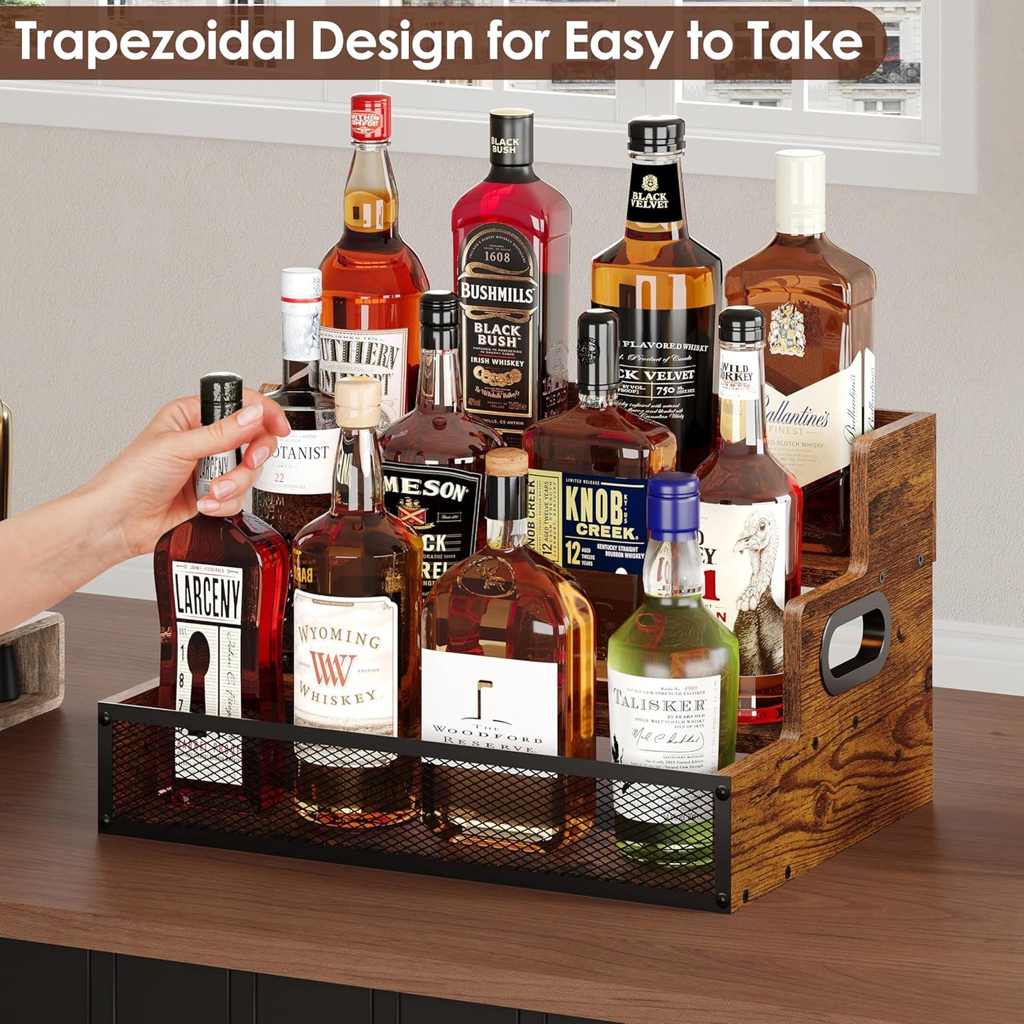 3-Tier Liquor Bottle Display Shelf, Countertop Liquor Wine Rack with Handle, Bar Bottle Display Shelves, Coffee Syrup Rack Organizer, Brown Liquor Display, Home Retro Bar Shelf Stand (Patent Pending)