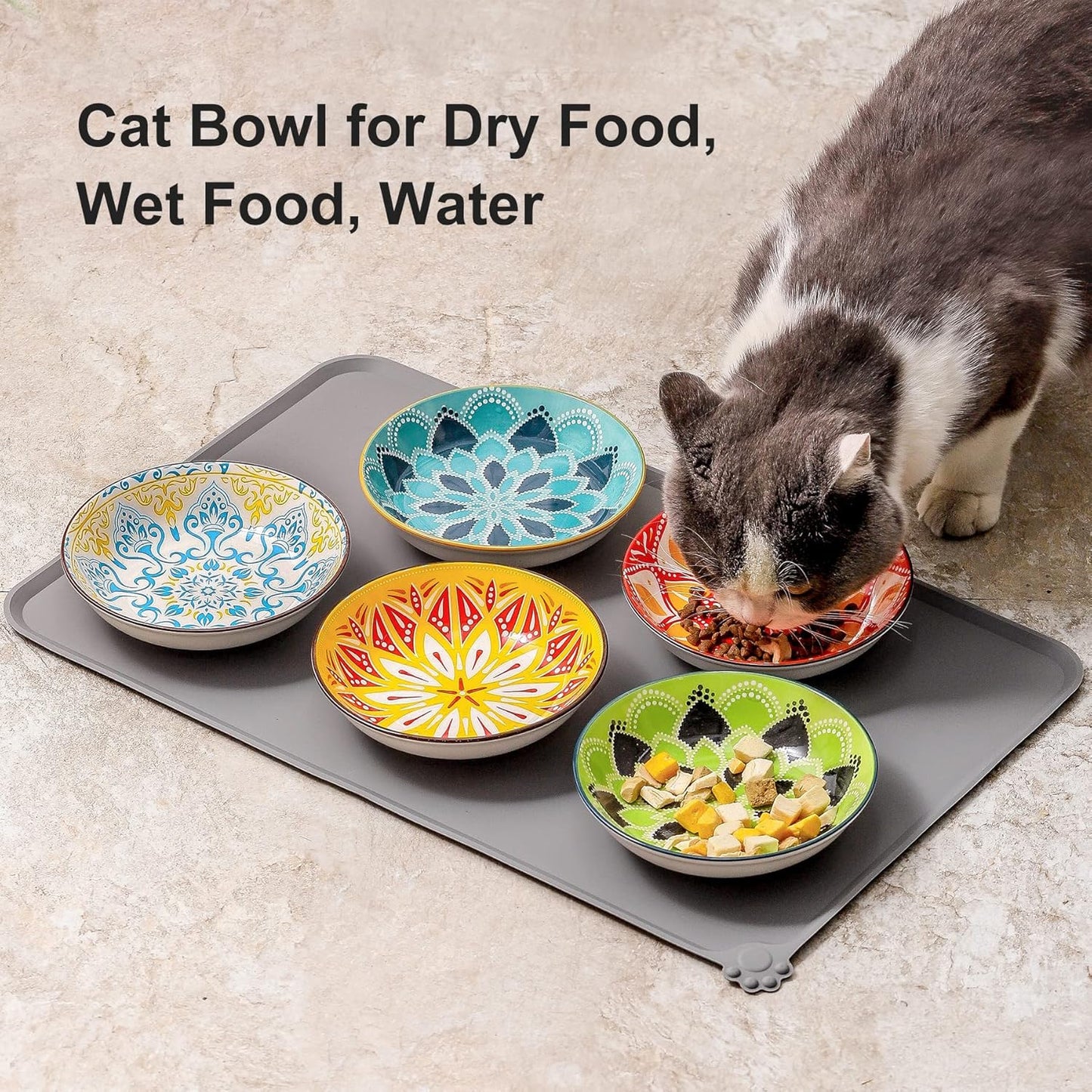 Boho 5 Ceramic Cat Bowls with Silicone Mat, 5.5 inch Wide Shallow Cat Food Bowl for Whisker Relief