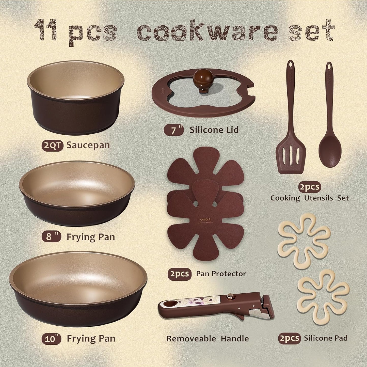 CAROTE 11pcs Ceramic Cookware Set, Pots and Pans Set Non stick, Induction Kitchen Cookware with Removable Handle, RV Dishwasher ＆ Oven Safe, RV/Camping Cookware, PFOA Free, Brown