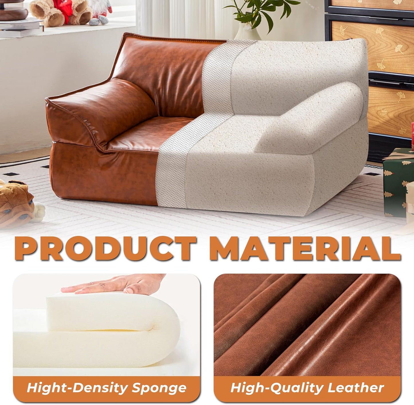 Leather Dog Couch Bed for Small and Medium Dogs Under 50 lbs, Brown Mid Century Modern Elevated Cat Sofa Bed Luxurious Indoor Furniture Style Pet Supplies for Puppy