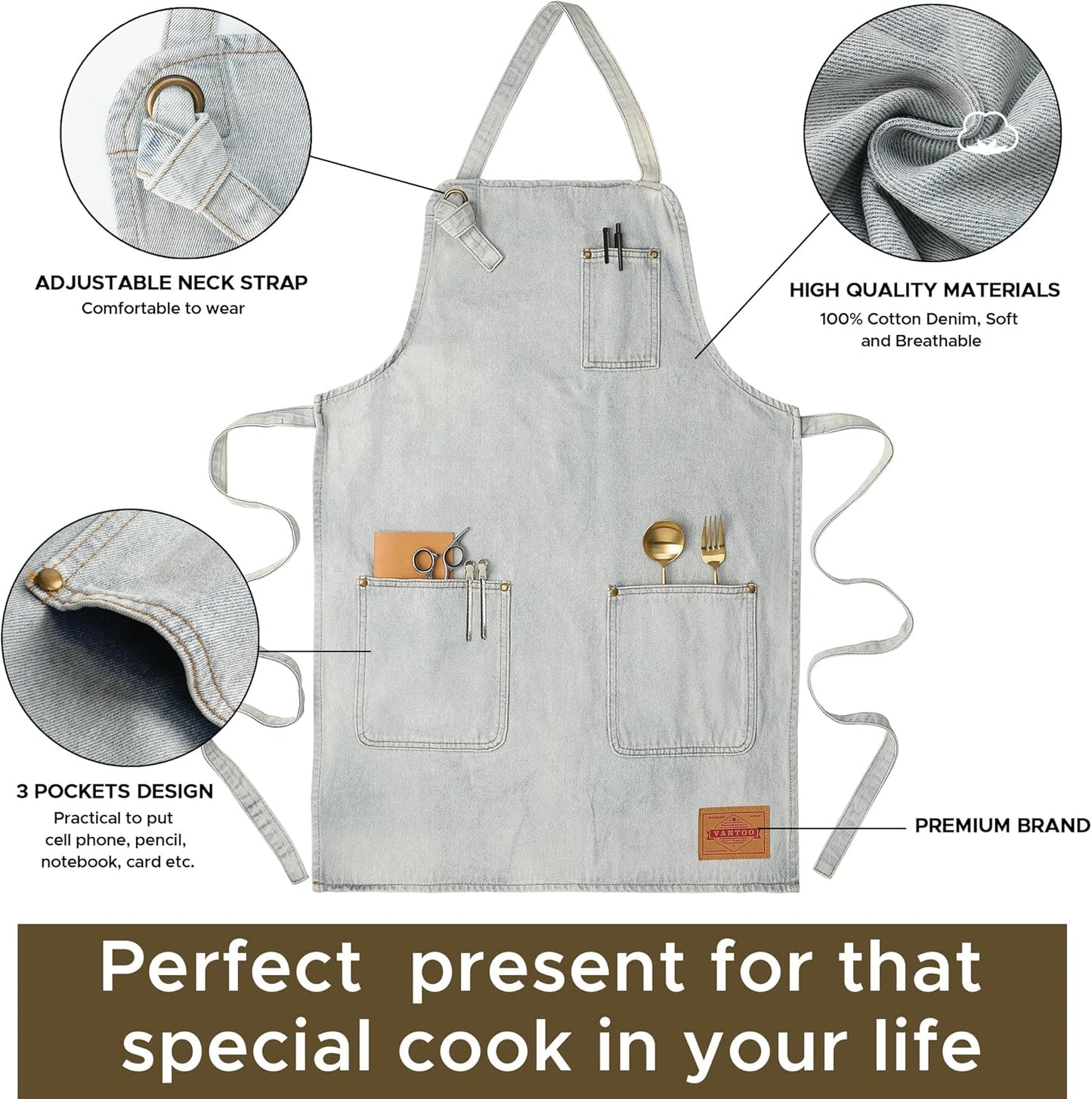 Denim Chef Apron for Women with Pockets, Jean Waitress Server Kitchen Apron for Men Cooking Gardening Painting