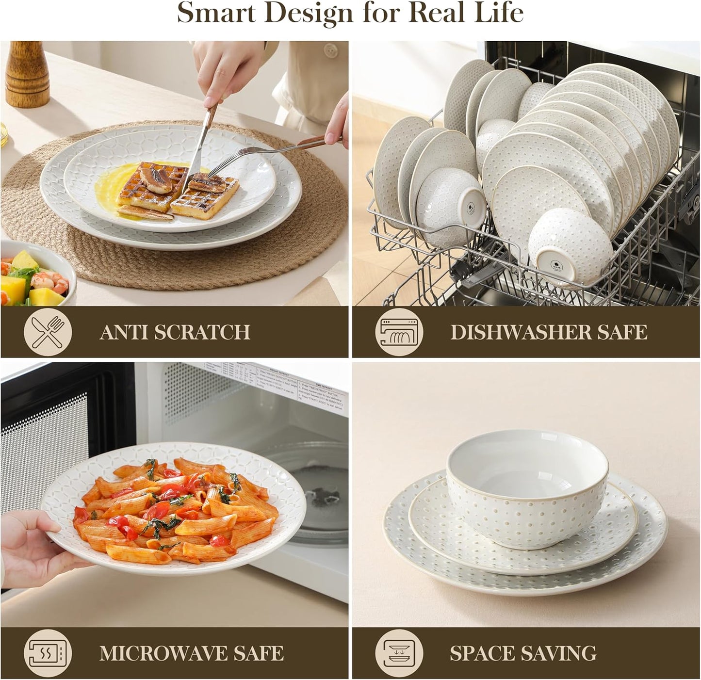 MALACASA 24 Piece Dinnerware Set, Embossed Ceramic Dish Sets Service for 8, Plates and Bowls Set, Durable Stoneware Tableware for Family Dinners, Dishwasher & Microwave Safe