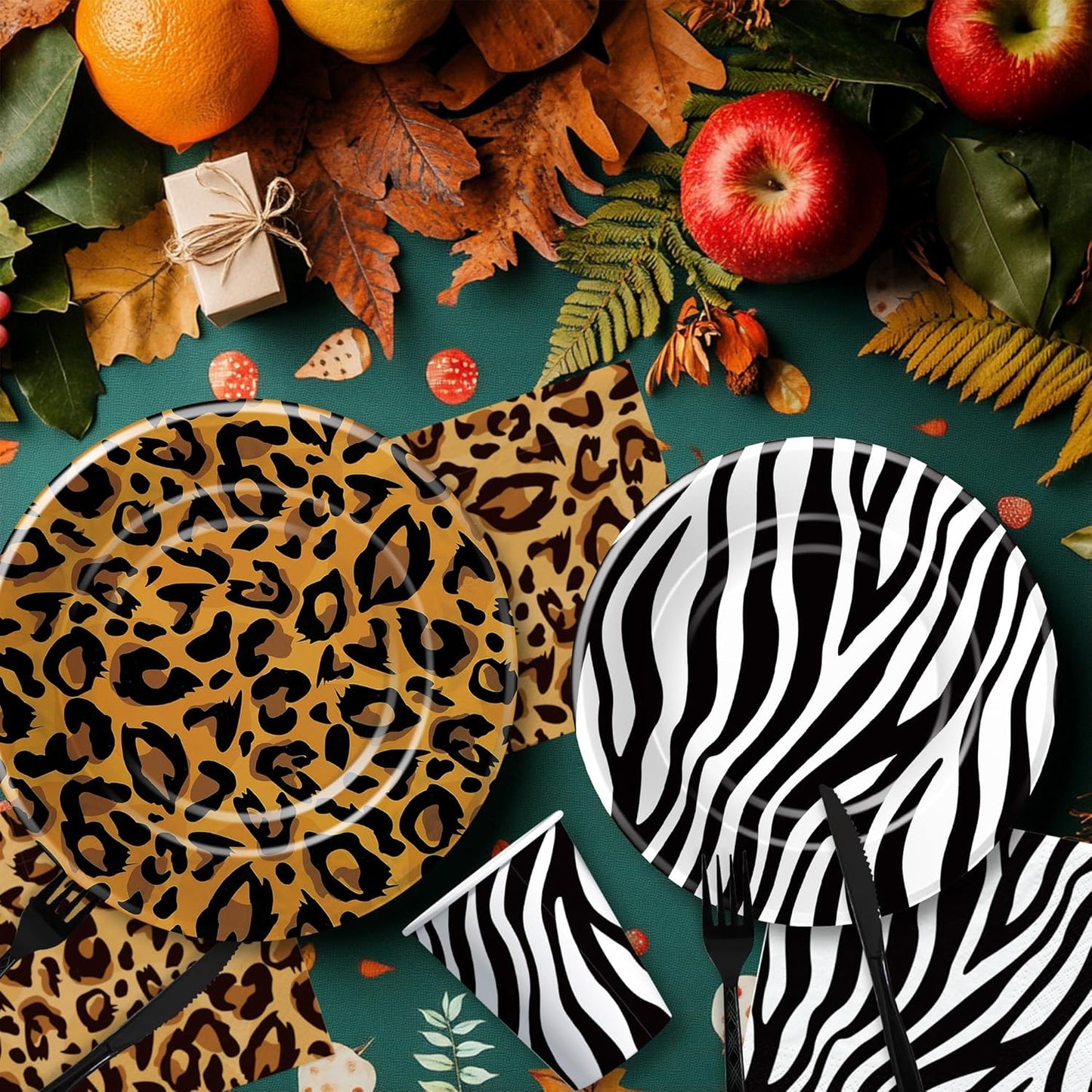 Jungle Safari Party Decorations, Jungle Birthday Party Supplies, Paper Plate, Napkin, Cup, Tablecloth, Banner, Wild Animal Print Balloon, Cutlery, Safari Birthday Decorations, Serves 24