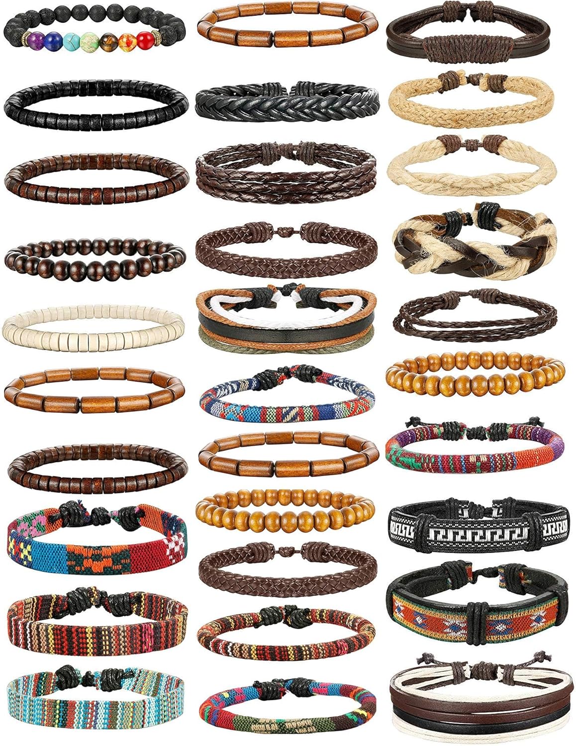 FIBO STEEL 31 Pcs Braided Leather Bracelets for Men Women Wooden Beads Cool Hemp Tribal Wristbands Cuff Punk Multilayered Bracelets