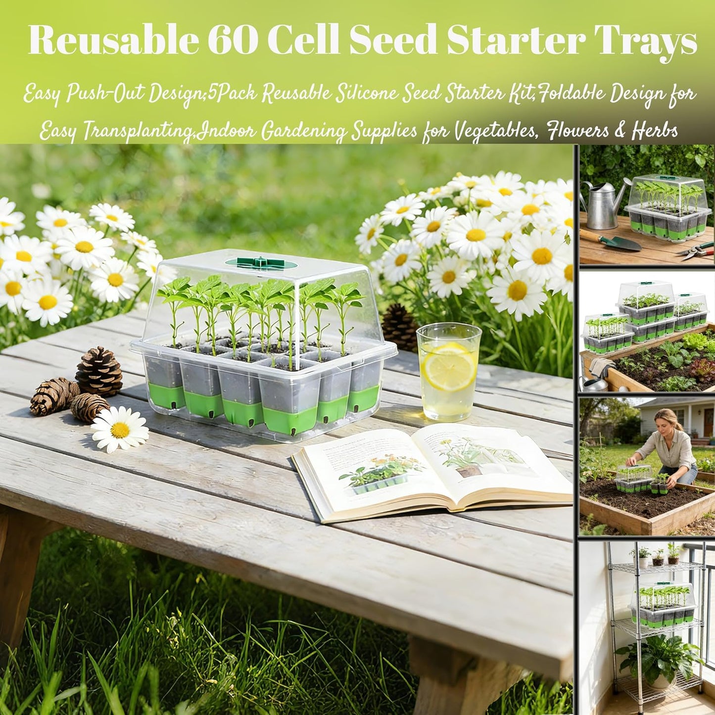 Reusable 60Cell Seed Starter Trays With Humidity Dome & Lids - 60 Cells, Flexible Pop-Out Design, BPA-Free Silicone Seedling Kit for Indoor Gardening, Greenhouse Planting, Dishwasher Safe