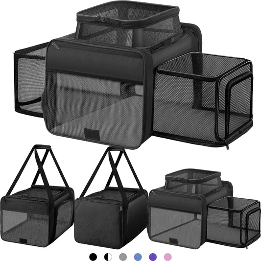 Top and 2 Sides Expandable Cat Carrier 18x11x11, TSA Airline Approved Dog Carriers for Small Dogs, Soft-Sided Pet Carrier with Self-Locking Zippers for Kitten,Rabbit, Puppy, Guinea Pig Black