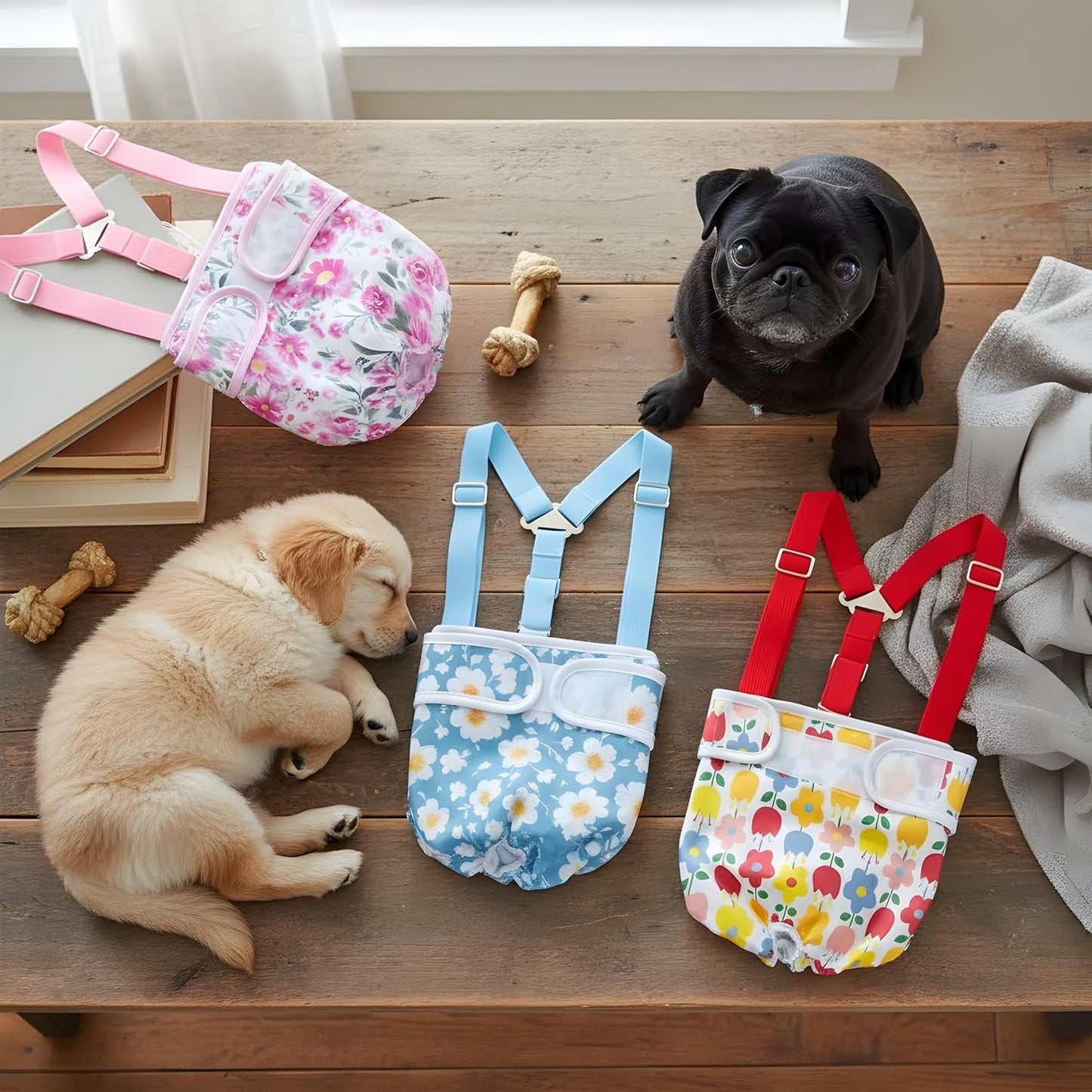 Washable Female Dog Diaper with Suspender - 3 Pack Reusable Super Absorbent Leakproof Fixed Doggie Diapers for Dogs in Heat Cycle