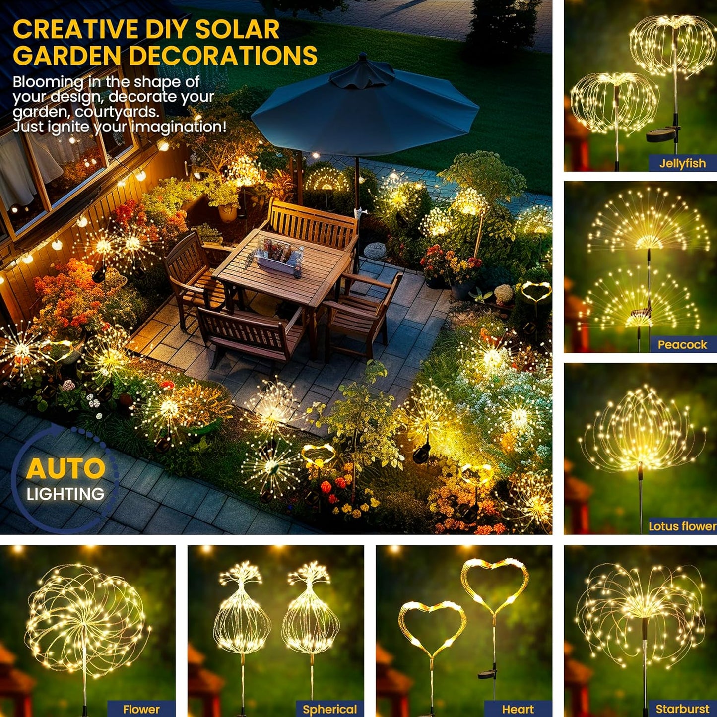 GIGALUMI Garden Decor Outdoor Lights 120LED 6Pack, Solar Garden Lights for Christmas Outside Fairy Firework Decorative,Solar Powered for Yard Pathway Flowerbed Planter Balcony Patio Decor (Warm White