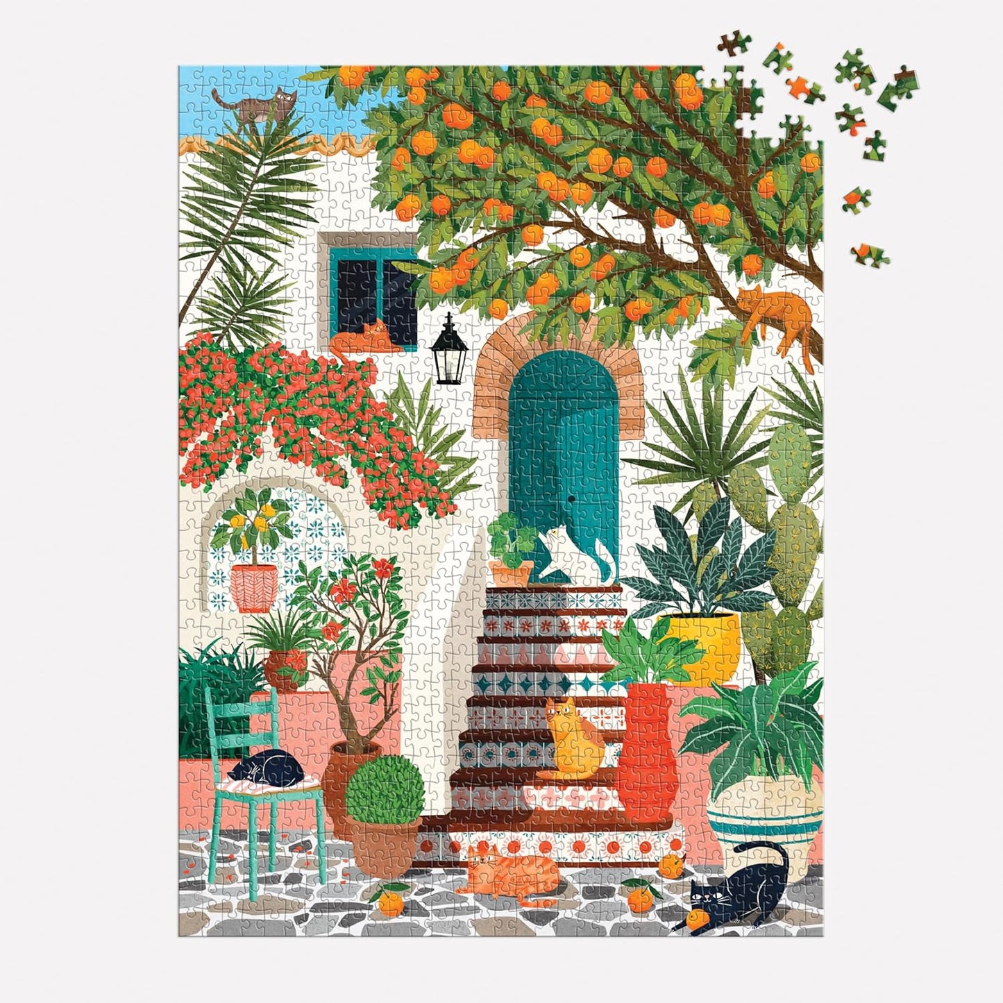 Galison Mediterranean Cats – 1000 Piece Jigsaw Puzzle Featuring Beautiful Artwork of A Citrus Inspired Stoop with Cats