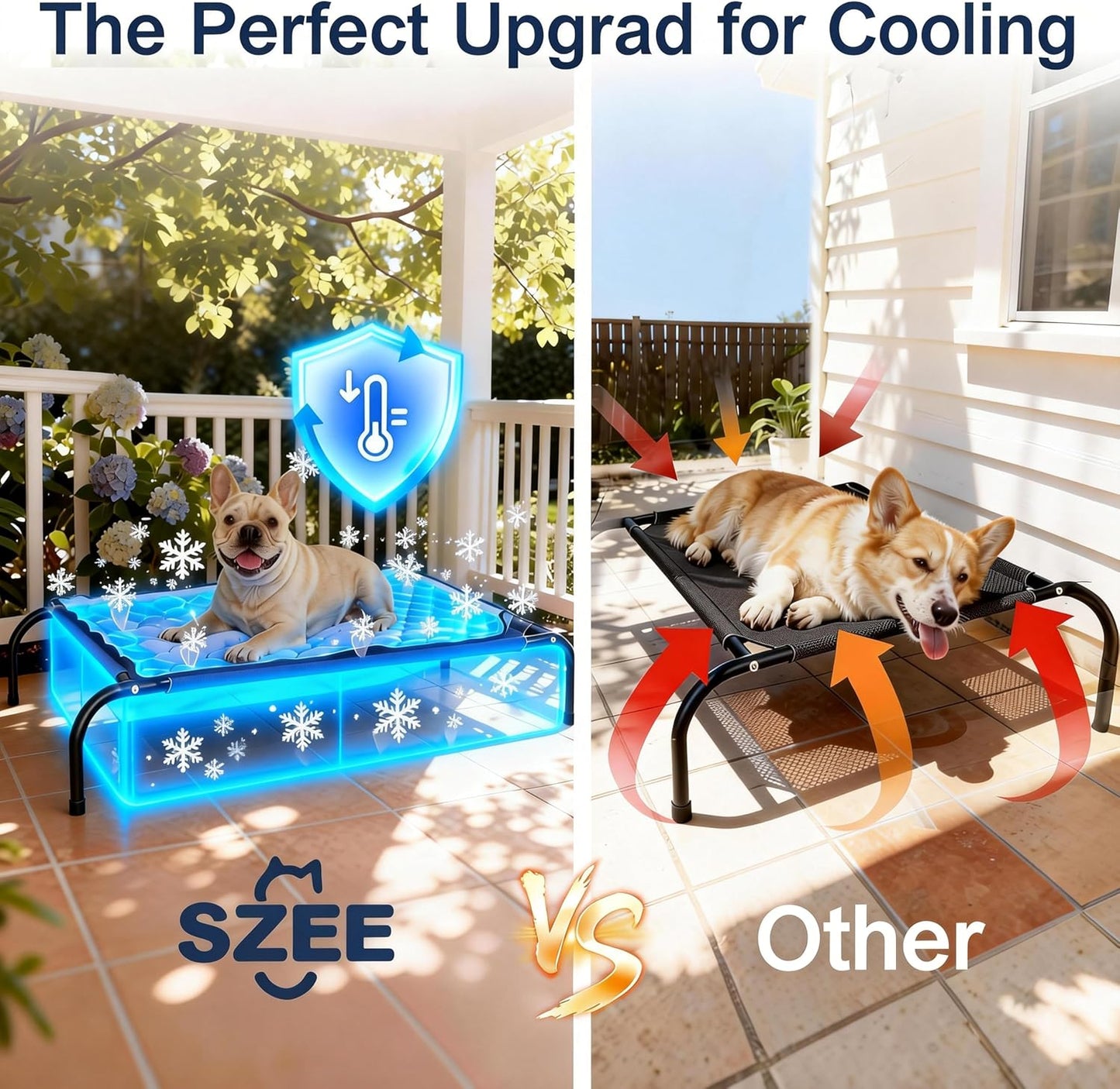 SZEE Raised Dog Cot Bed with Detachable 2-Sided Cooling/Warming Waterproof Mat, Elevated Dog Bed for Medium Sized Breeds with Durable Steel Frame & Sturdy Teslin Mesh, Outdoor & Indoor All-Season Use