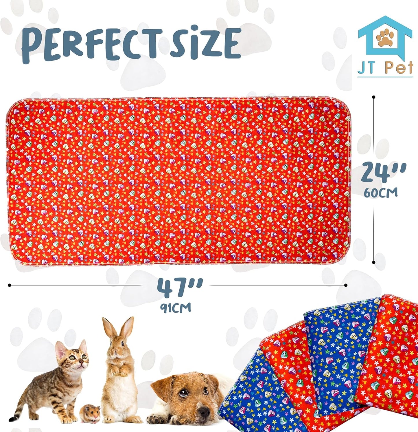Guinea Pig Cage Liner - Pack of 4 Washable Pee Pads for Dogs, Smooth Fleece Guinea Pig Bedding for Cage & Crates, Reusable & Waterproof Puppy Pee Pads - 47x24 Inches, Red Blue Piggies