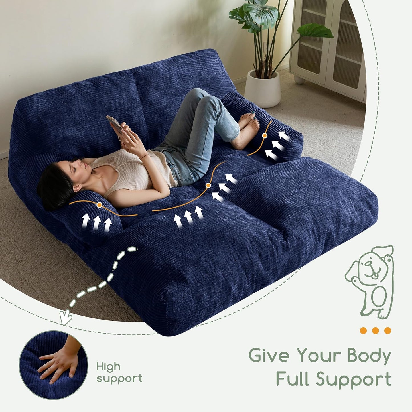 HIGOGOGO Giant Human Dog Sofa Bed, Extended Large Comfy Floor Couch for Pet Families, Corded Fabric Orthopedic Dog Bed for Human with Supportive Foam & Anti-Slip Bottom, XXXL Size, Blue