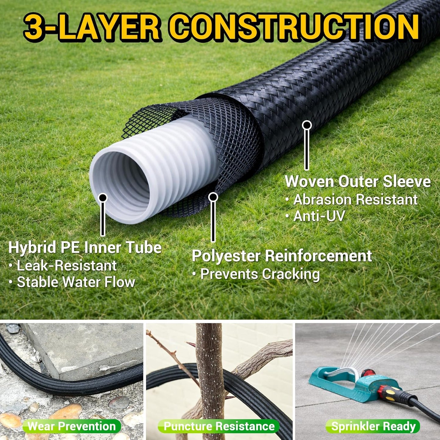 TheFitLife Garden Hose 100 ft - Heavy Duty 100ft Non-Expandable Long Water Hose, No Kinking, Lightweight, Full Property Coverage Without Compromise, 1/2 id x 100 Feet
