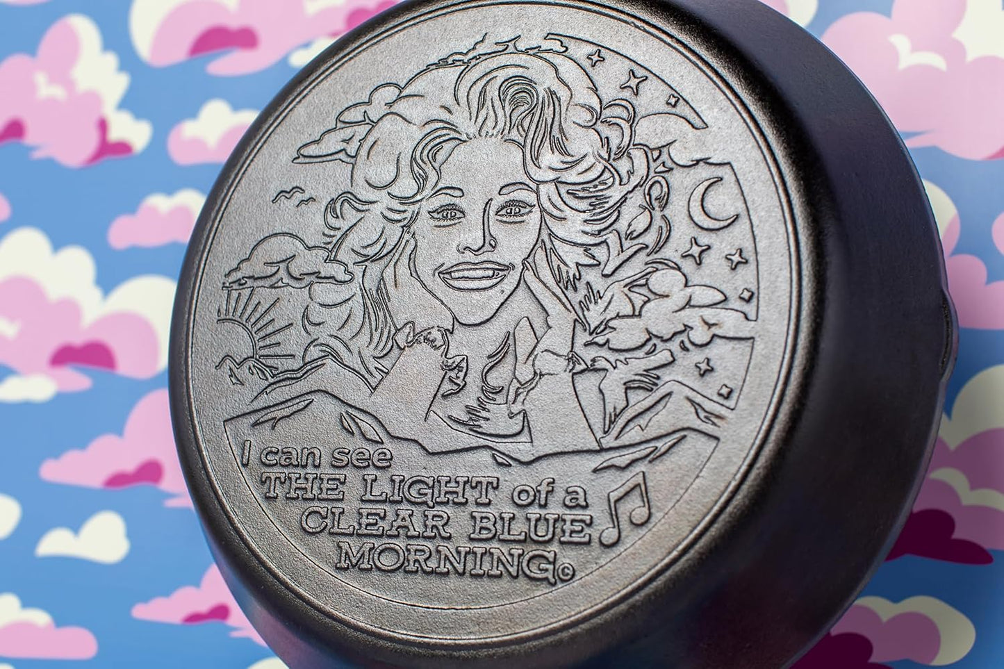 Lodge 13.25 Inch Dolly Parton Pre-Seasoned Cast Iron Stamped Skillet - Signature Teardrop Handle - Use in the Oven, on the Stove, on the Grill, or Over a Campfire - Clear Blue Morning