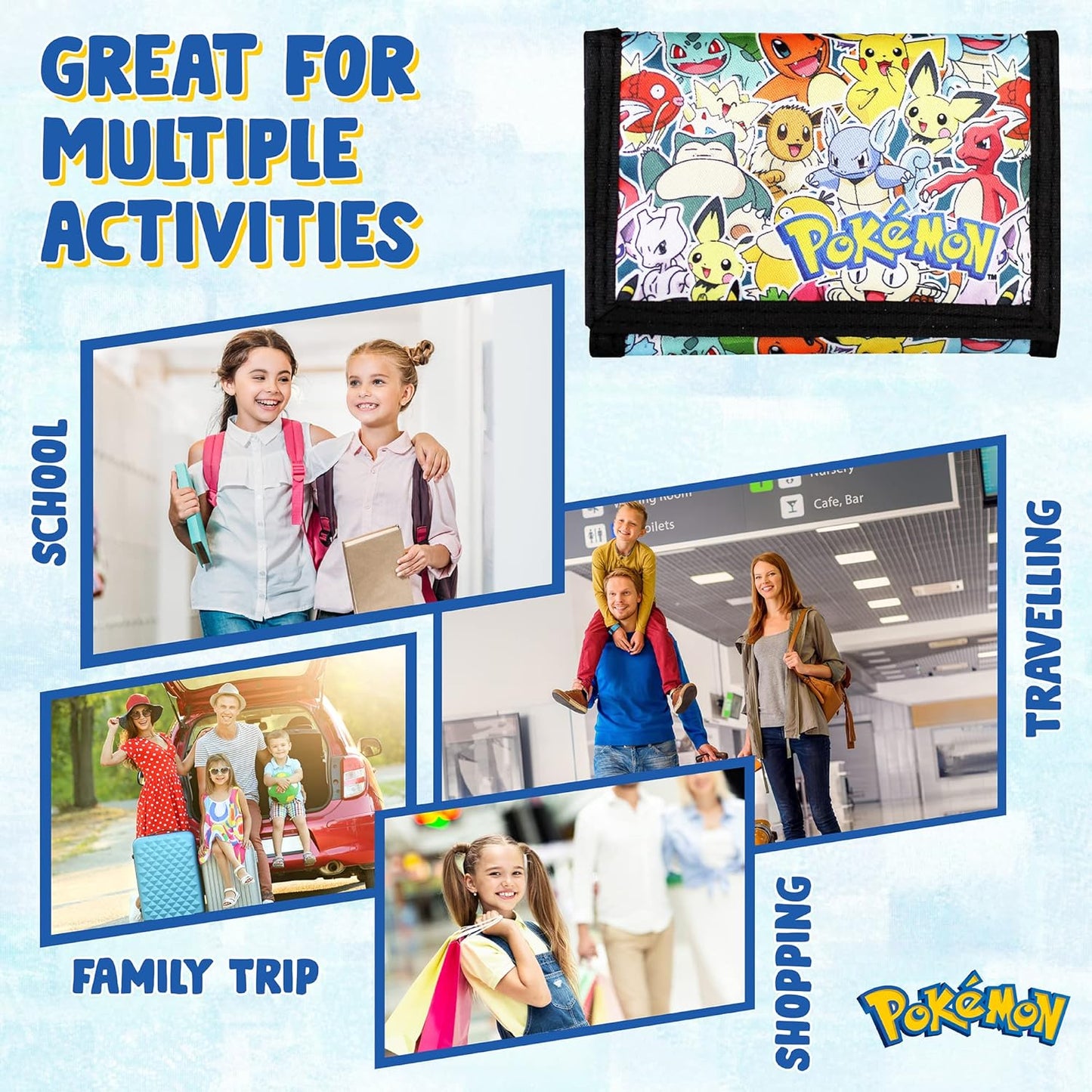 Pokemon Wallet for Boys and Girls, Kids Trifold Purse Canvas Velcro Wallets with Zip, Pound Coin and Card Holder - Featuring Charizard & Pikachu, Great Pokemon Gifts