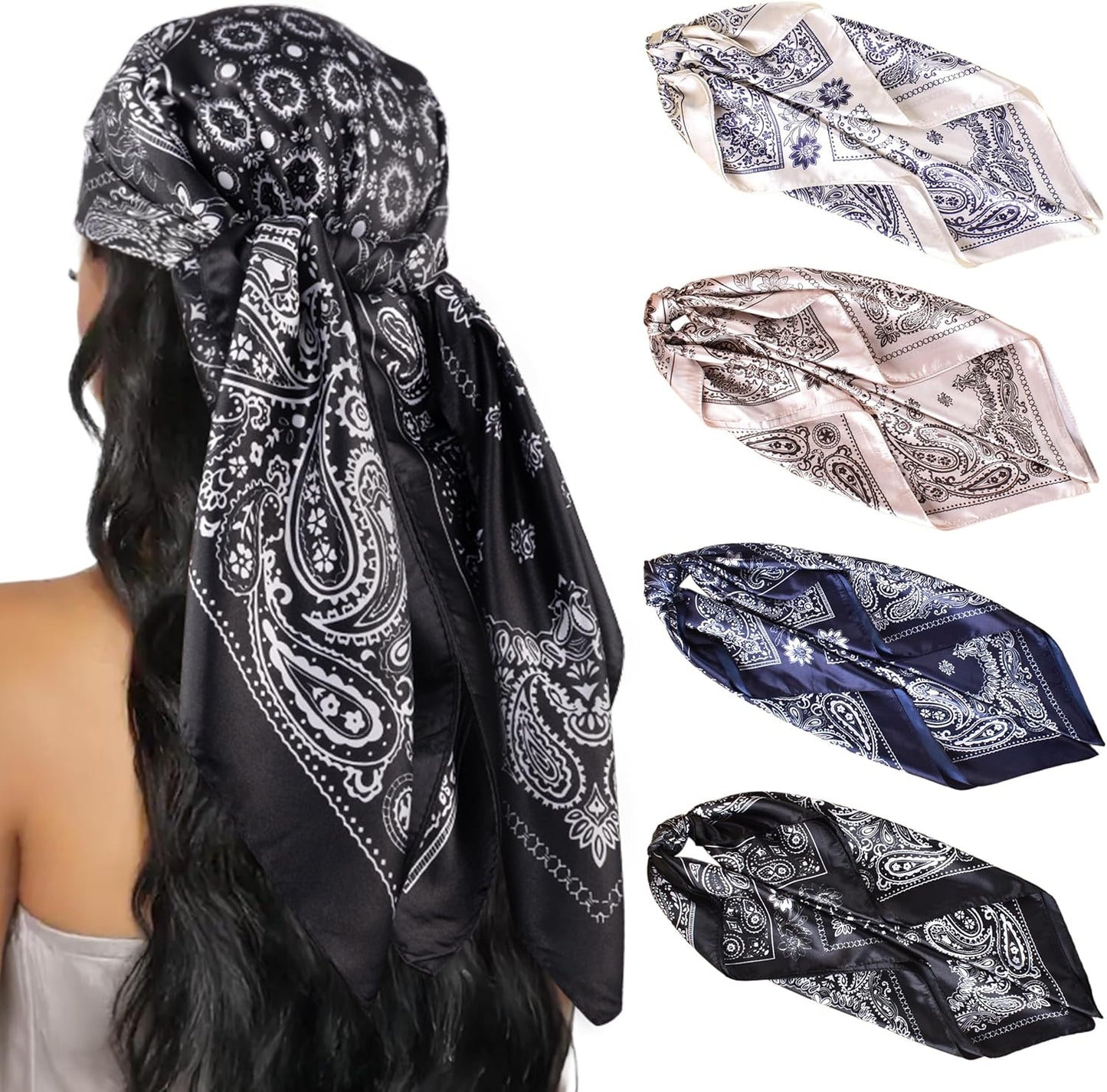 HBselect 4PCS Head Scarf for Women 35” Head Scarves Silk Like Satin Neck Scarfs Square Bandana Hair Wraps Scarf for Sleeping