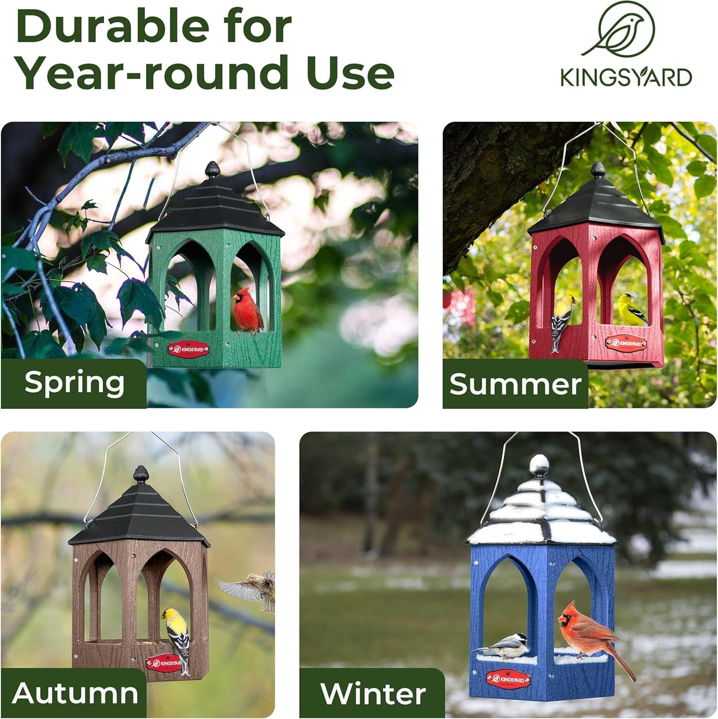 Kingsyard Platform Bird Feeder for Outdoor Hanging - Gazebo Style Recycled Plastic Wild Bird Feeding Station with Rain-Proof Roof & Metal Mesh Tray. Brown