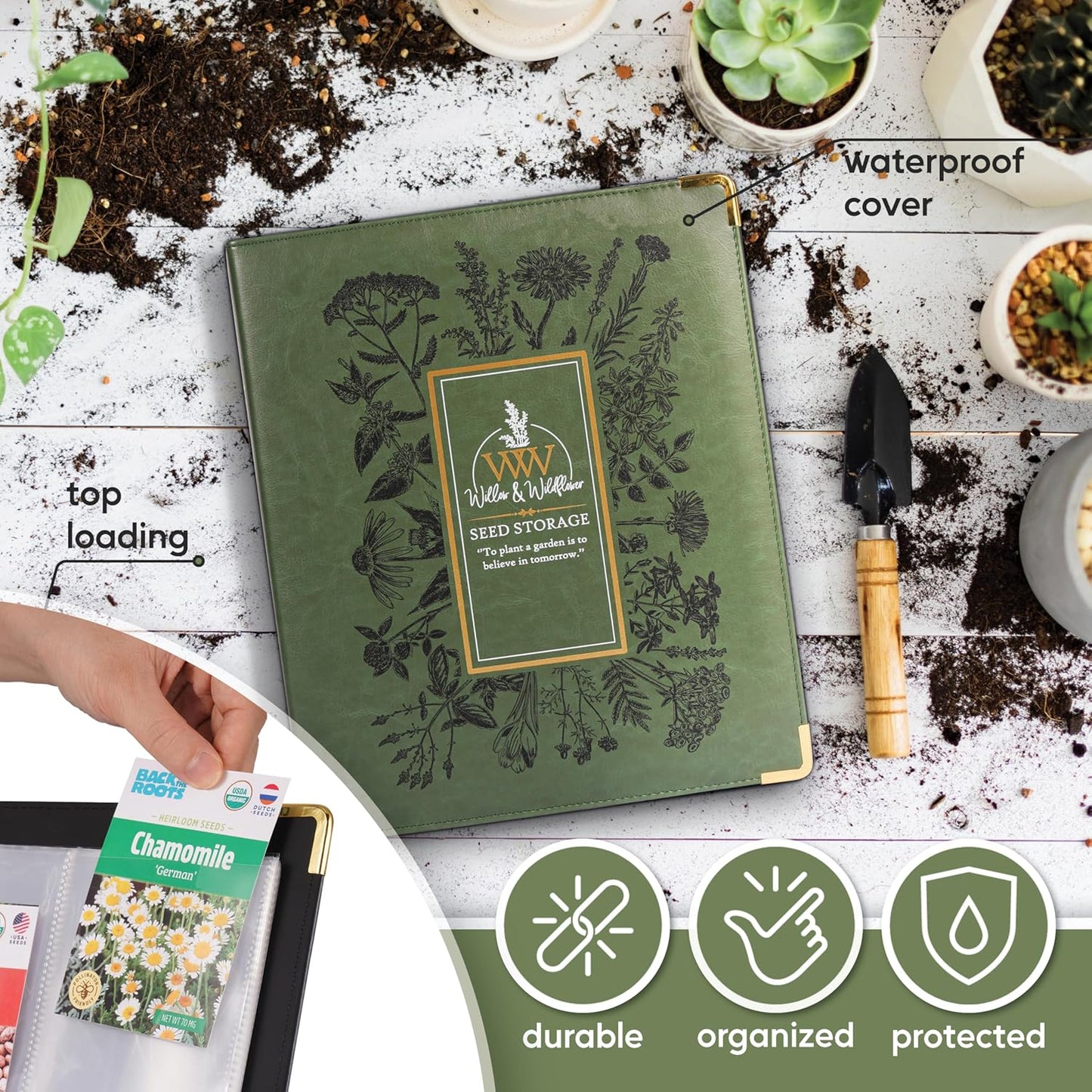 Willow and Wildflower Garden Seed Organizer Binder, Seed Storage Organizer, Garden Binder Book for Packet Storage Catalog Can Store 120 Packets with Dibber and Widger (Moss Green)
