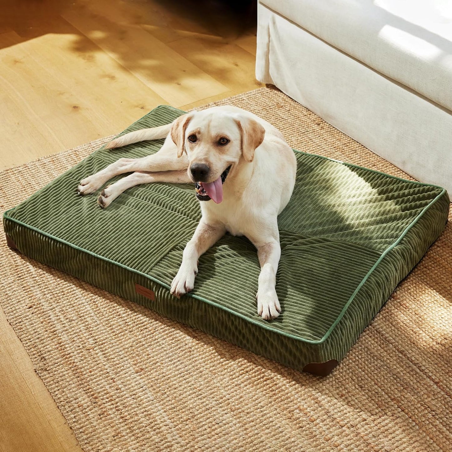 FUKUMARU Dog Bed, Thickened Corduroy Orthopedic Dog Beds with Washable Cover, XL Waterproof Dogs Bed for Crate, 28D Egg Crate Foam Support Pet Mat, Cozy Pet Bed Pad with Anti-Slip Bottom, Green