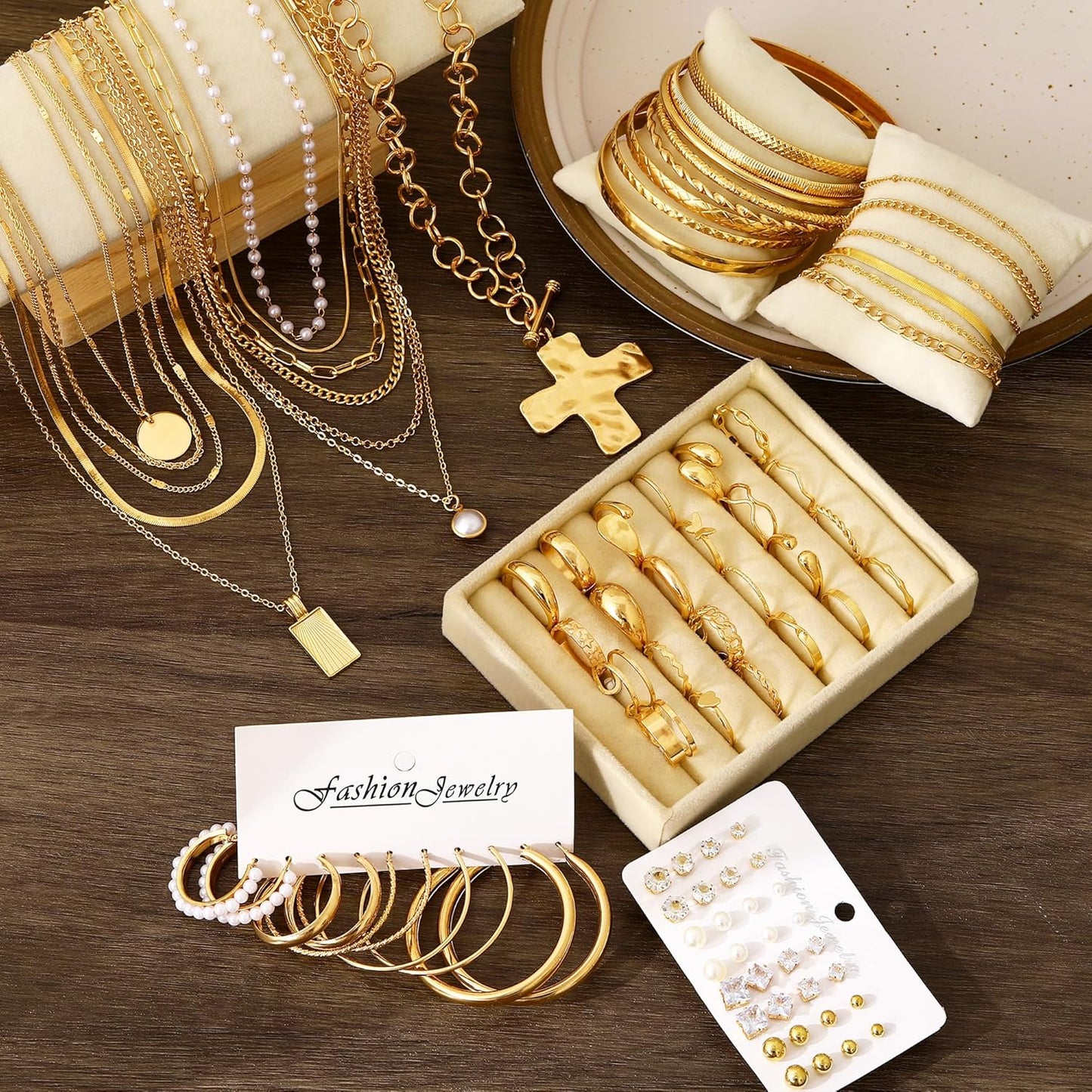 FANDY 137 Pieces Gold Jewelry Set for Women, 12 Necklace, 14 Bracelet, 21 Earrings, 24 Knuckle Rings, 66 Hair Accessory Gold Plated Jewelry Set for Women Gift