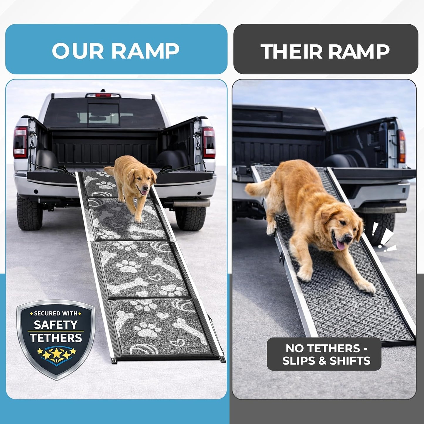 Dog Ramp for Car, SUV & Truck, 71" Long x 20" Wide, Extra Side-Strap Stability System, Non-Slip Quad-Fold Pet Ramp for Large Dogs, 250 lb Capacity (Paw Print Design)
