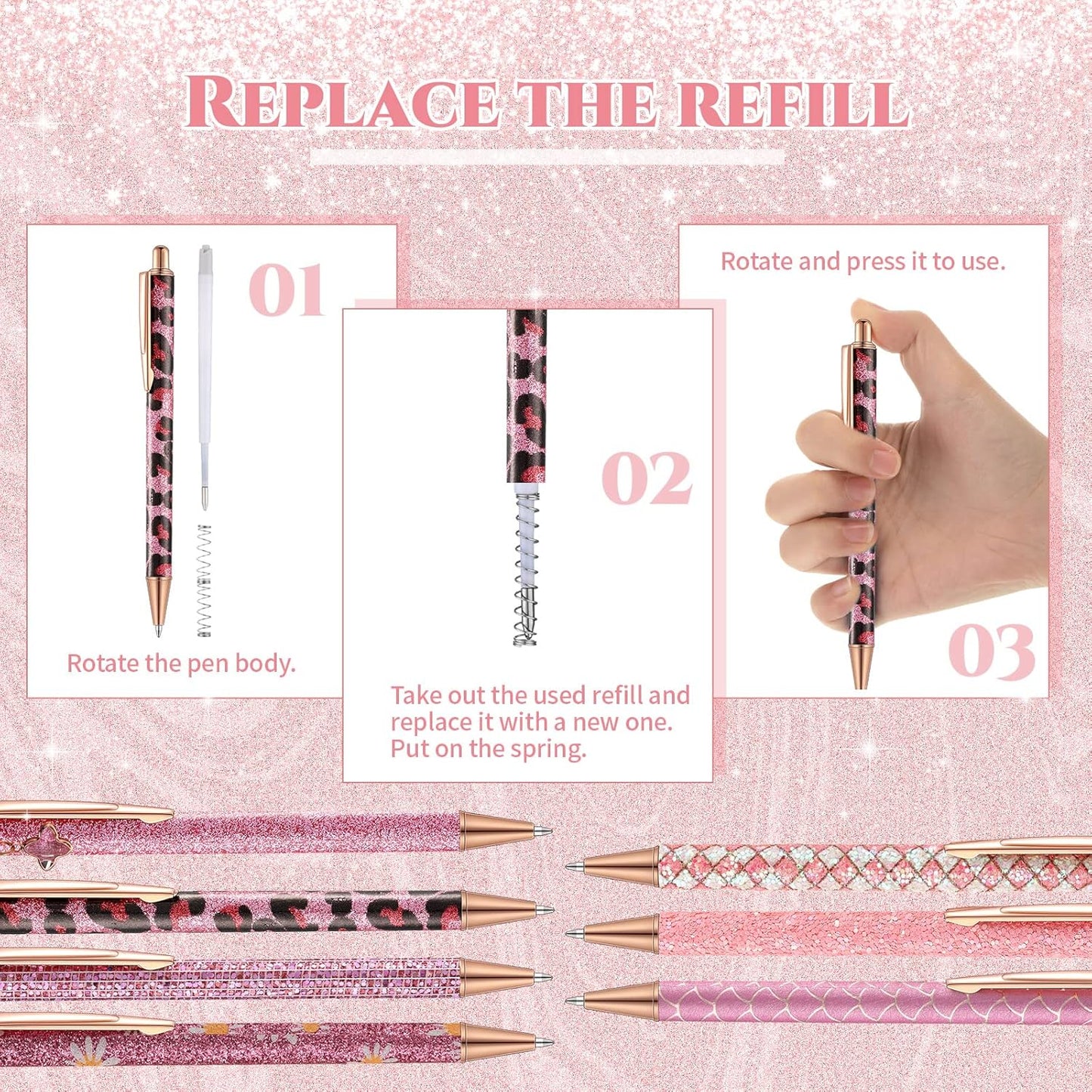 Sherr 7 Pcs Fancy Pens for Women Cute Sparkly Glitter Pens with 10 Pcs Black Ink Refills Pretty Gifts for Girls Office School Christmas Graduation(Cute)