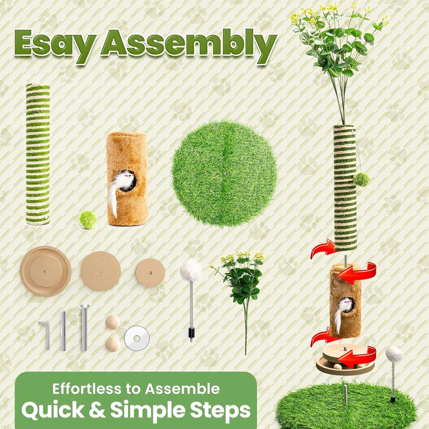 Cat Scratching Post 39'' Tall with Interactive Ball & Mouse Hole for Indoor Adult Cats, Sisal Rope Cat Tree Tower, Kitty Scratcher Furniture with Artificial Grass Tree for Kittens Cat Toys