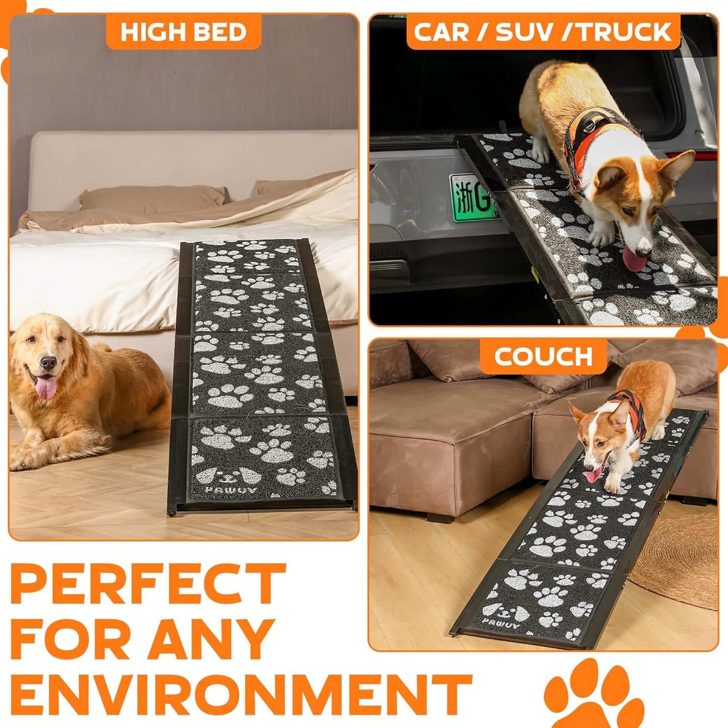 Dog Ramp for Car, Portable Folding Aluminum Pet Ramp with Non-Slip Paw Print Surface. Extra Wide Portable Ramp for Large, Small & Senior Dogs to Get in Cars, SUVs, Trucks & Beds, 71" Long & 17" Wide
