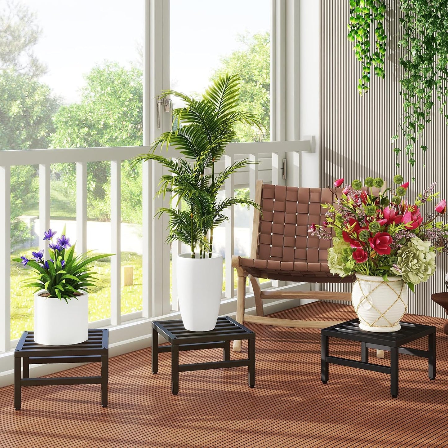 IBUYKE 3 Pack Metal Plant Stand Indoor Outdoor, Heavy Duty Small Flower Pot Stand, Modern Square Plant Shelf Flower Stand for Living Room Patio Balcony Garden, Black TMJ075B-3
