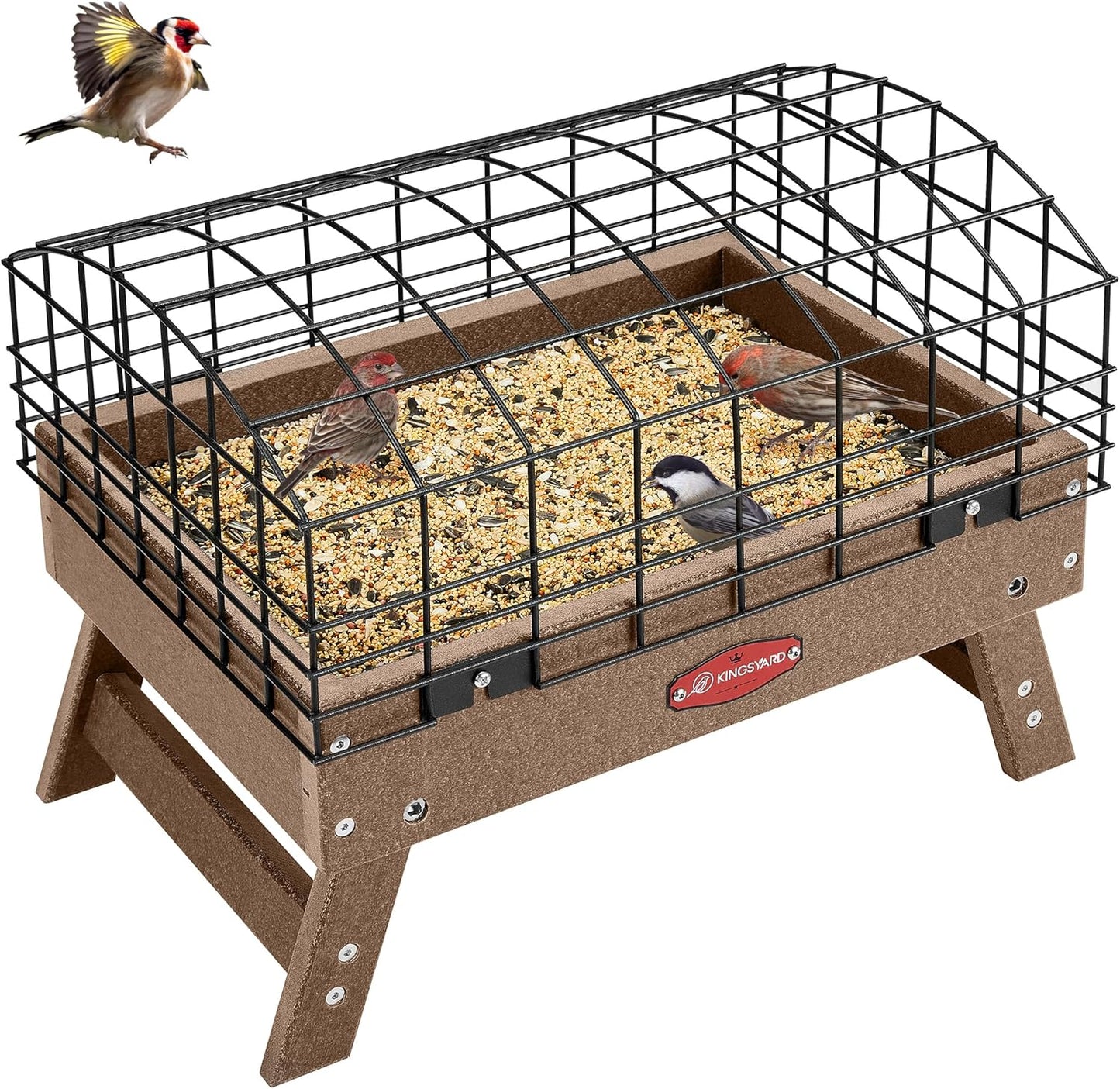 Kingsyard Squirrel Proof Ground Bird Feeder for Outdoors - Recycled Plastic Platform Feeding Station, Fly-Through Metal Caged Wild Bird Feeder for Small Birds, 5 LBS Large Capacity, Brown