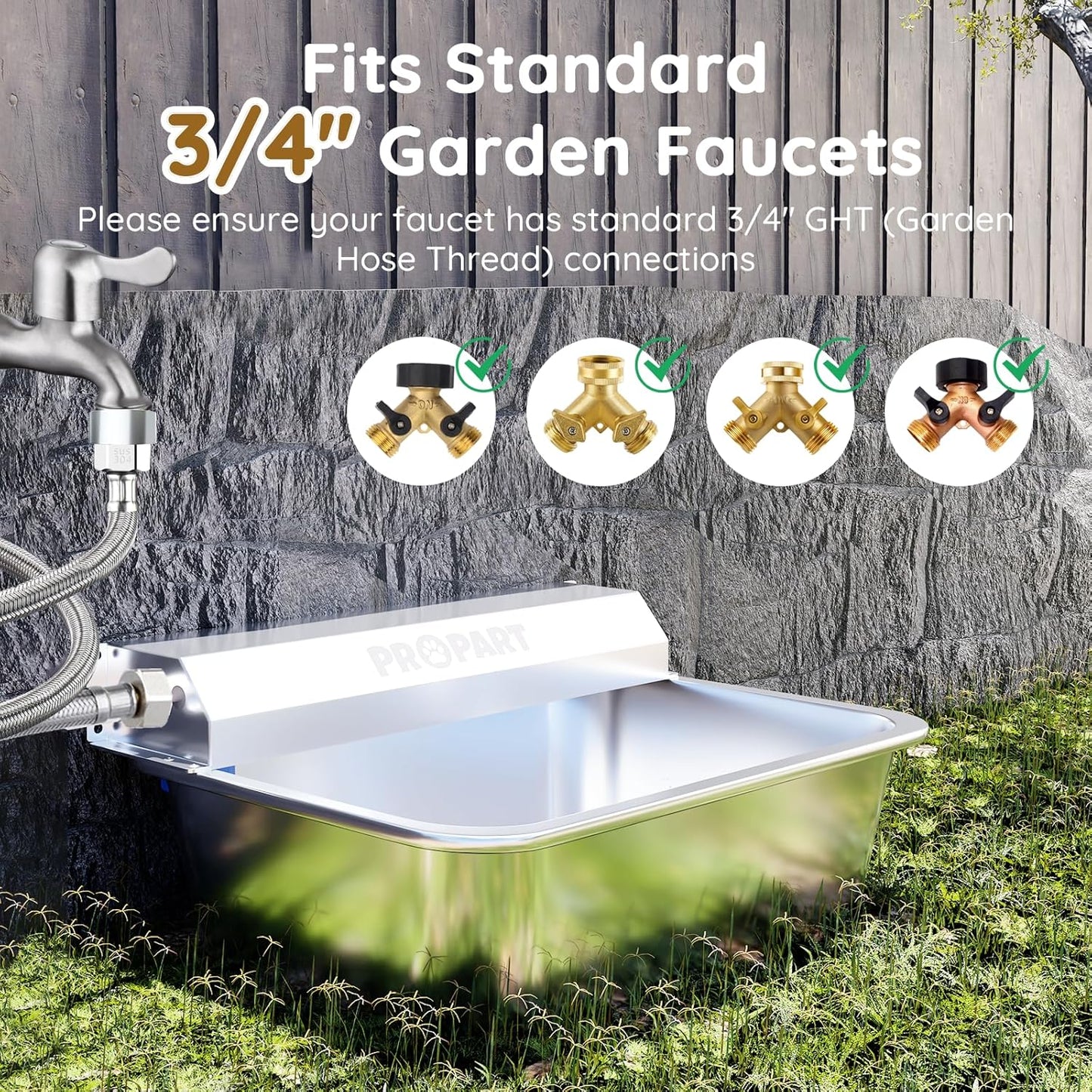 2 Gallon Automatic Dog Water Dispenser, Stainless Steel Water Bowl for Pets & Livestock, Large Auto Fill Waterer Feeder, No Electricity, Fit 3/4" GHT Faucet, Anti-Tip Design