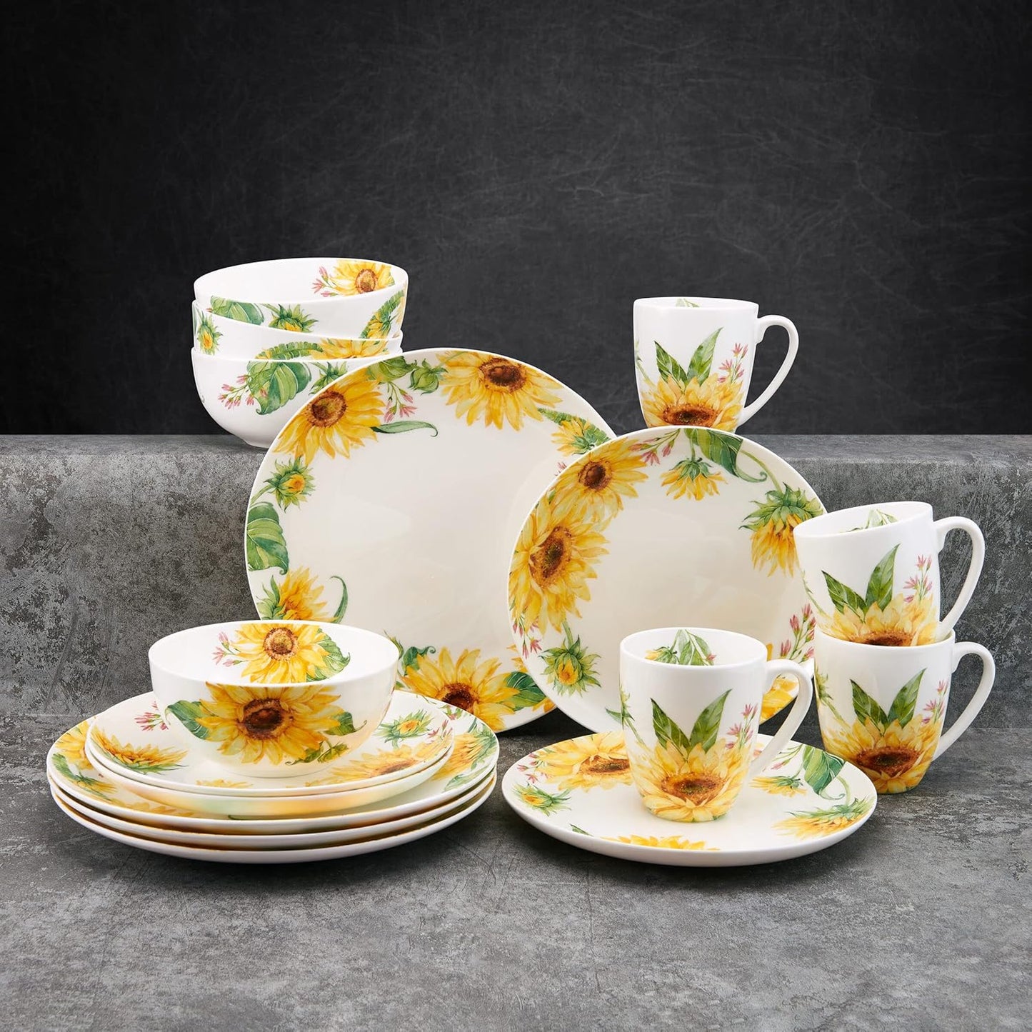Mikasa Sunflower Bone China Lightweight Chip Resistant 16 Piece Dinnerware Set, Service for 4, Multicolor