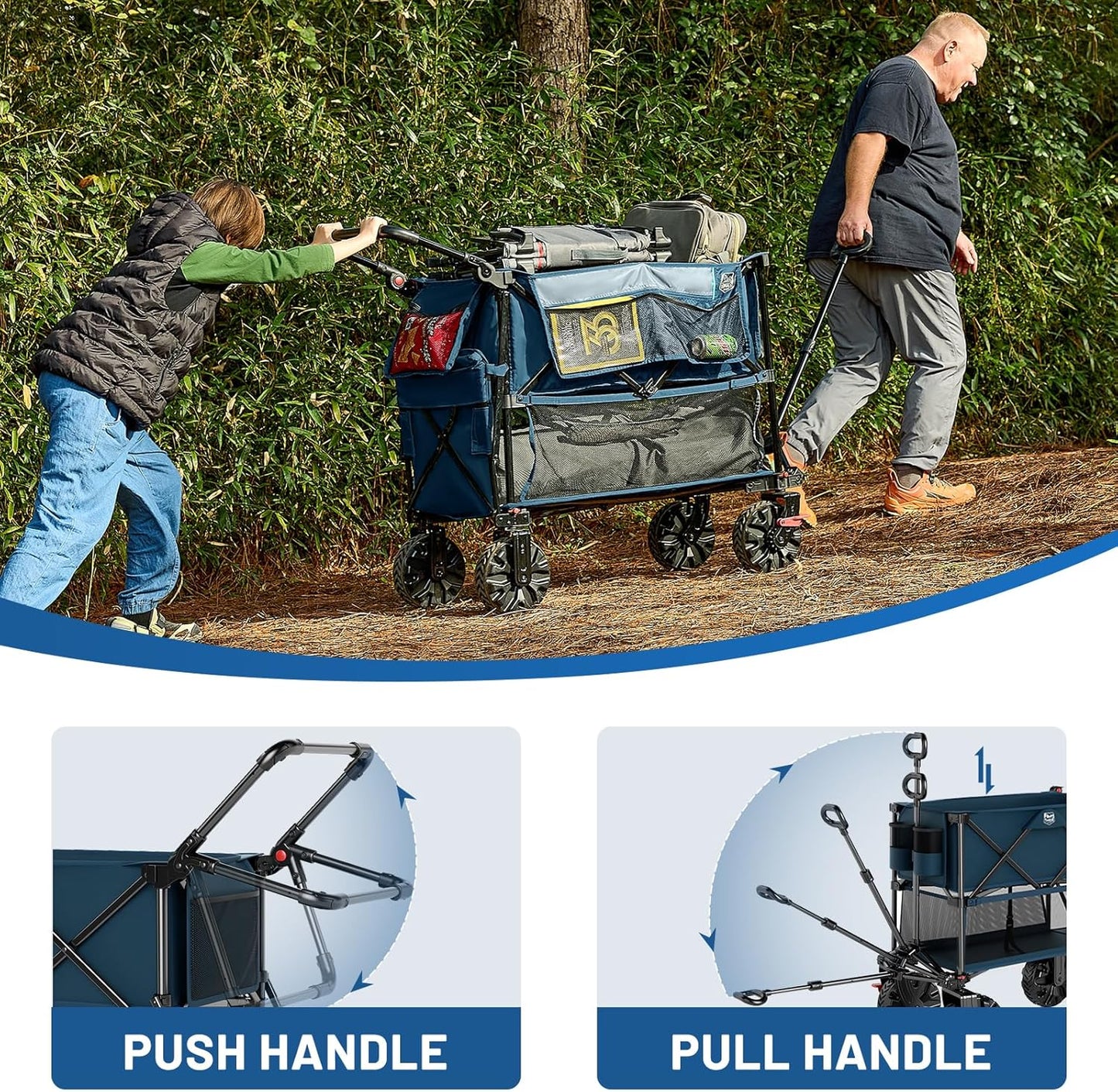 TIMBER RIDGE Push & Pull Double Decker Wagon, 400L Large Capacity Heavy Duty & 450lb Load, Collapsible Cart with All-Terrain Wheels & Brakes, 54” Extended Foldable for Sports, Beach, Camping, Blue