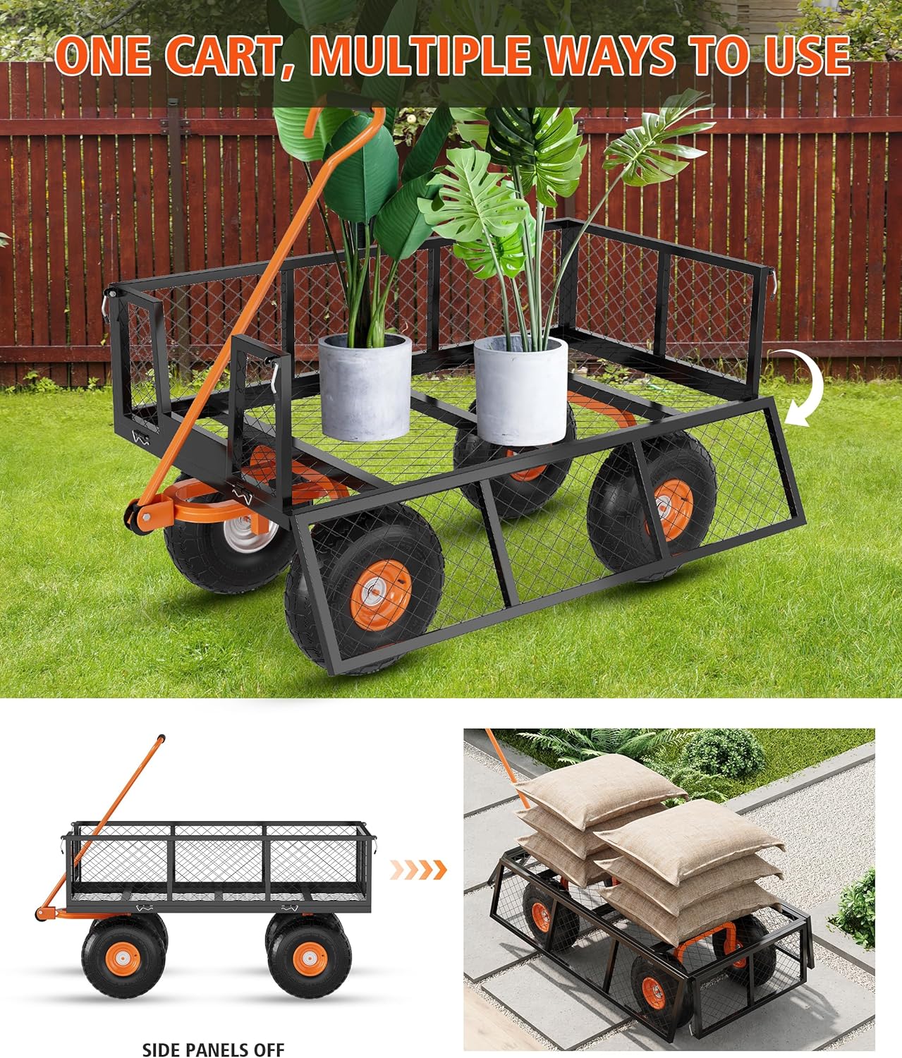 GarveeLife Steel Garden Cart Heavy Duty, 500 LBS Capacity Outdoor Utility Cart with 10 in Wheels, 3 in 1 Metal Garden Wagon for Gardening Soil, Tools, and Plant Transport