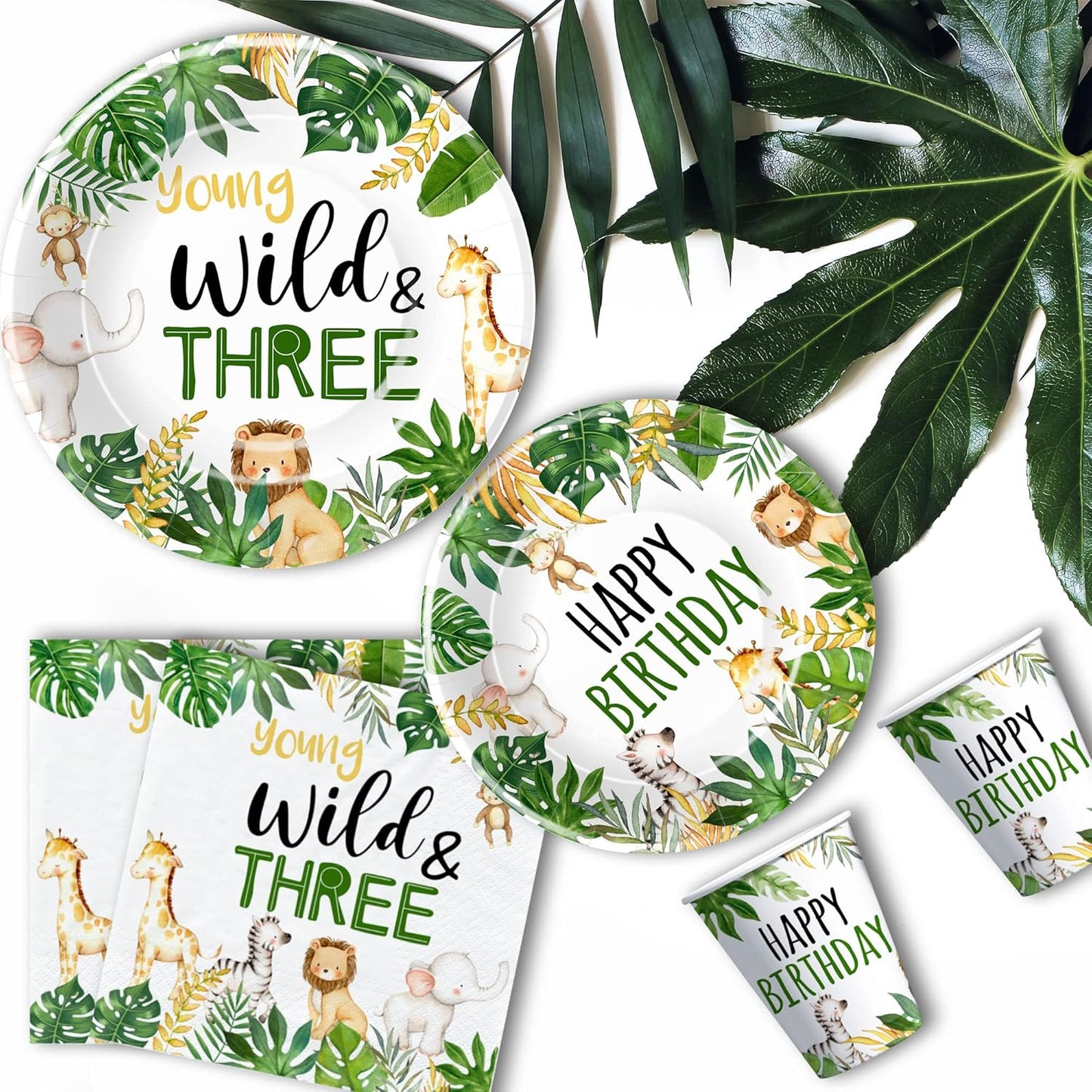 Jungle Animal 3rd Birthday Party Supplies - Young Wild And Three Decorations Tableware, Paper Plate, Napkin, Tablecloth, Fork, Safari 3-Year-Old Birthday Decorations Dinnerware | Serves 24