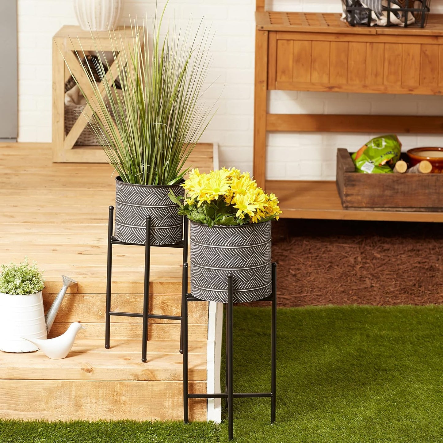 DII Bucket Plant Stand Set Indoor/Outdoor, Large, 9x9x24; Small, 8x8x19.5, Deco Waves, 2 Piece