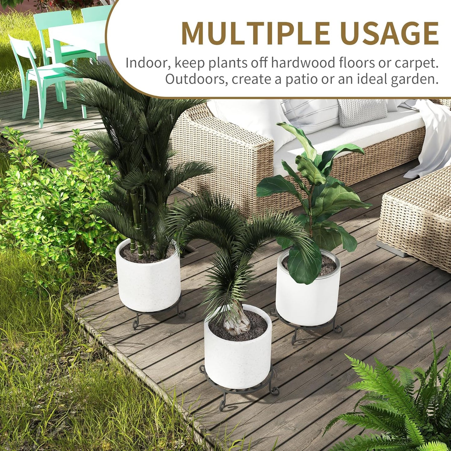 4 Pack 10” Diameter Metal Outdoor Plant Stand Indoor, Black Heavy Duty Potted Holder, Round Anti-Rust Wrought Iron Flower Planter Pot Display Stands for Home Garden