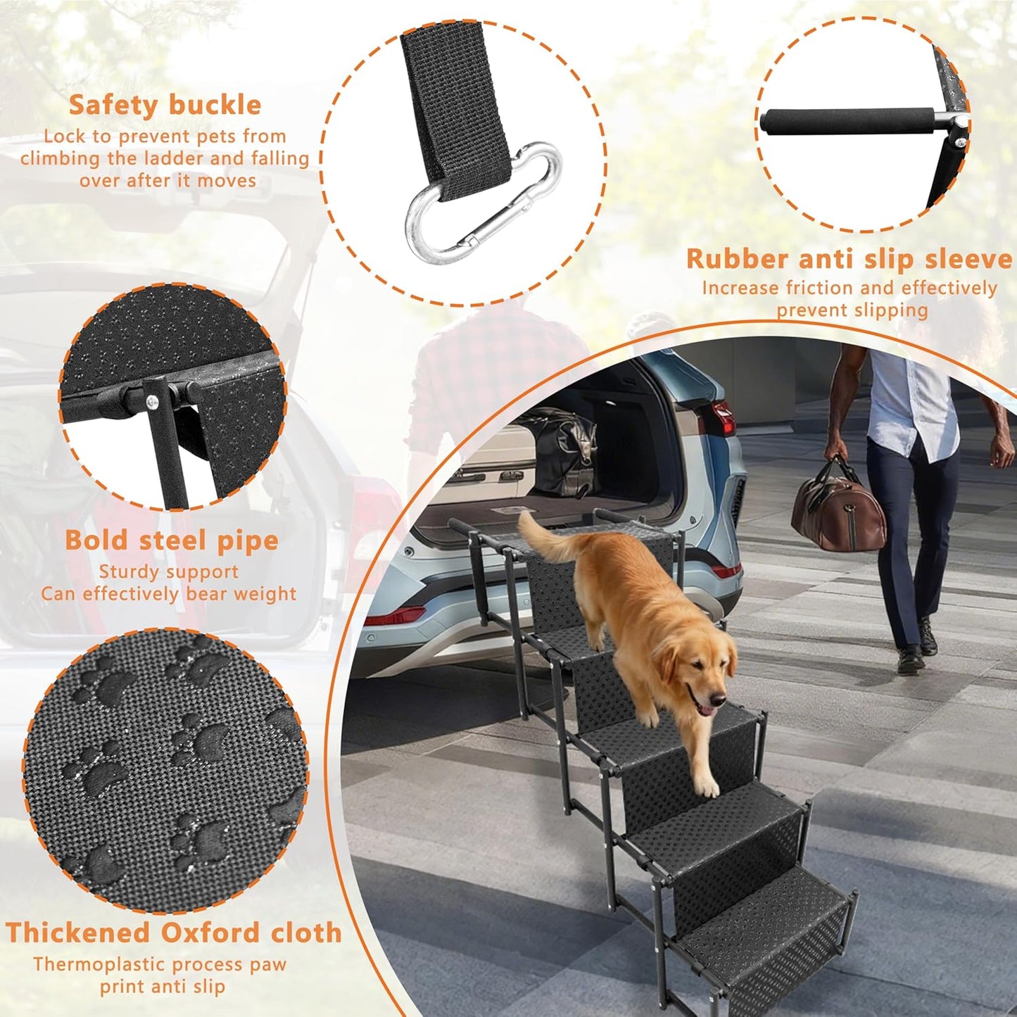Dog Ramps for Car- Foldable Ramp for Dogs, A Portable Dog Stair Case Suitable for High Places Such As Cars, SUVS, Trucks. Lightweight, Non Slip, Can Support Up to 200 Lbs (5 Steps)