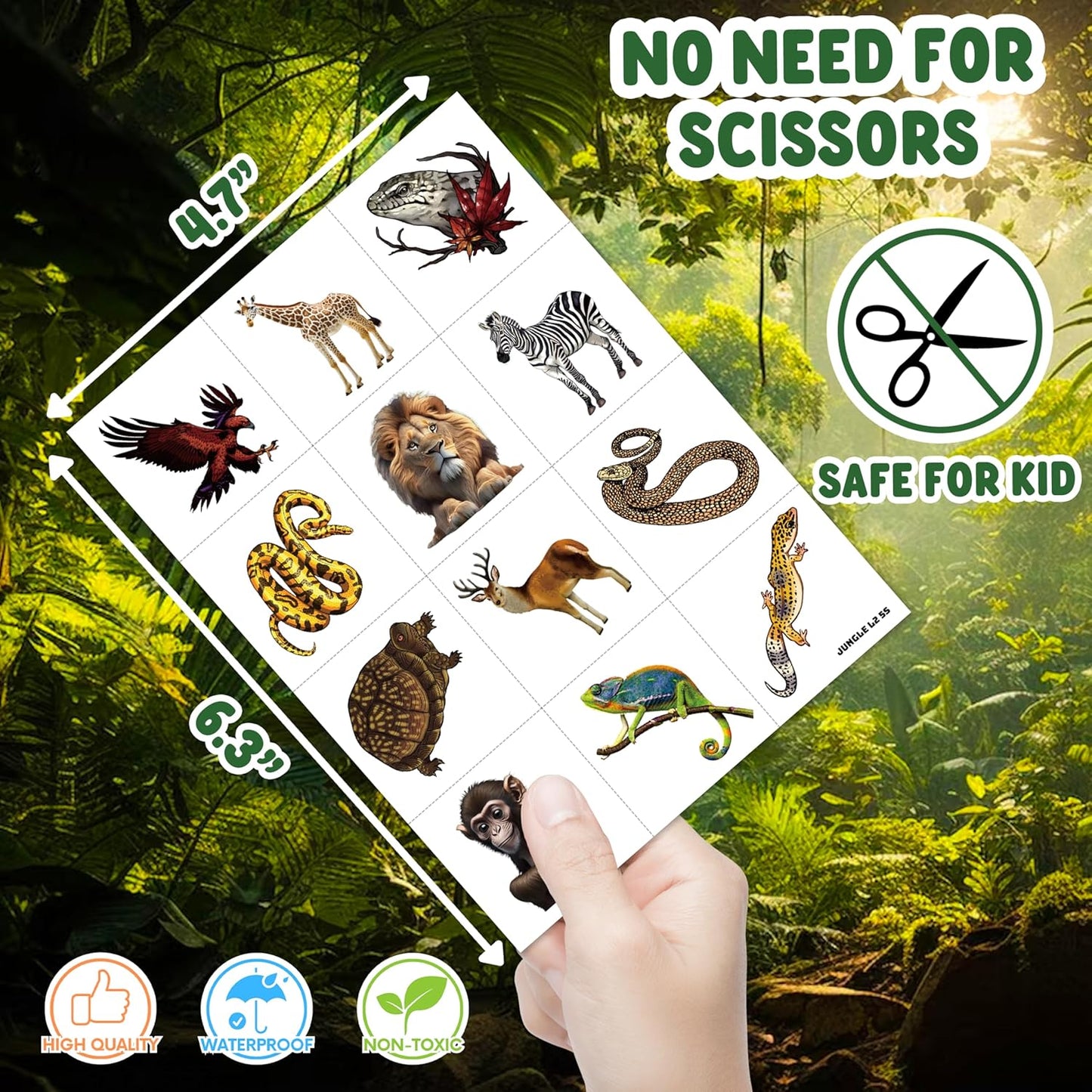 60 PCS Realistic Wildlife Jungle Animal Pre-Cut Temporary Tattoos Sticker Reptile Birthday Party Decorations Supplies Favors Gifts Boys Girls Zoo Cute Fake Tattoo School Reward Themed