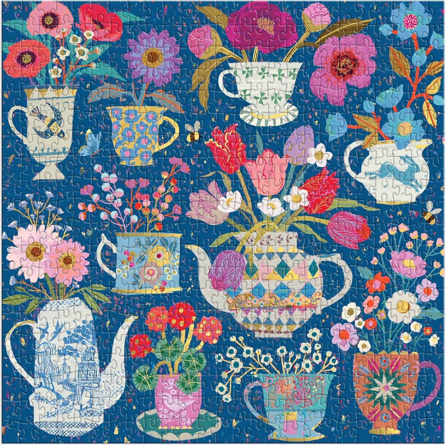 Galison Potted Teacups – 500 Piece Foil Jigsaw Puzzle Featuring Beautiful Artwork of Potted Teacups with Floral Background