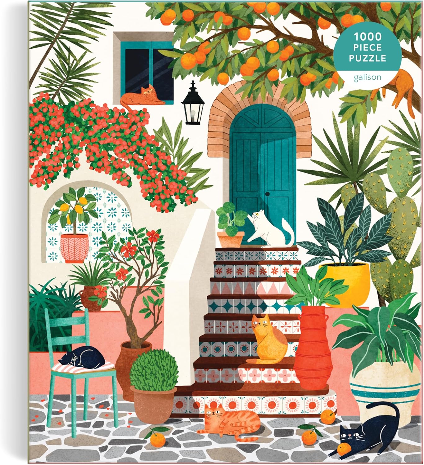 Galison Mediterranean Cats – 1000 Piece Jigsaw Puzzle Featuring Beautiful Artwork of A Citrus Inspired Stoop with Cats