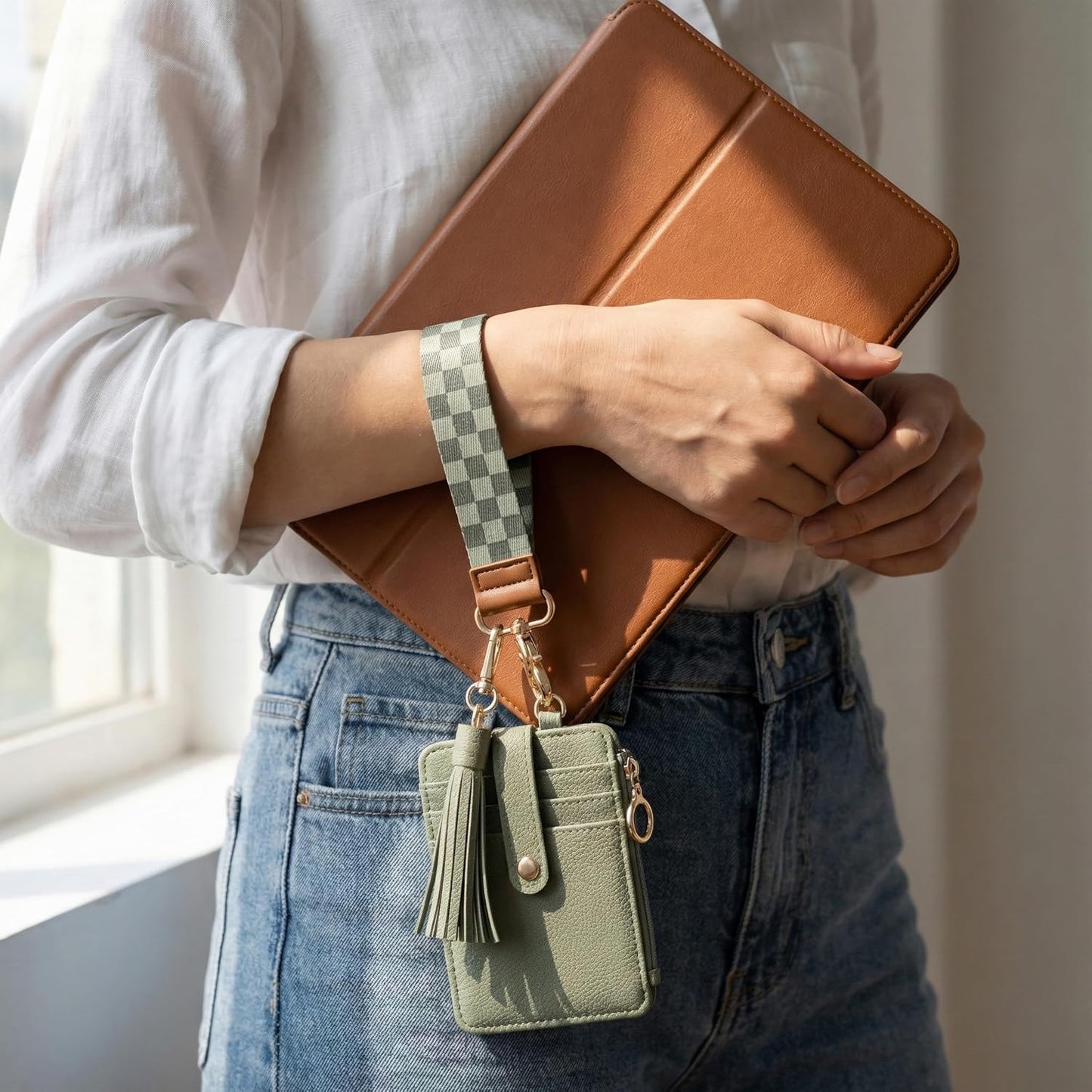 Stylish Wristlet Keychain Wallet for Women - Slim Design Credit Card Holder w/ Plenty of Storage incl. Clear ID Window & Zipper Pocket - Easy Carry RFID Blocking Wallet w/ Tassel, Lanyard & Gold Rings