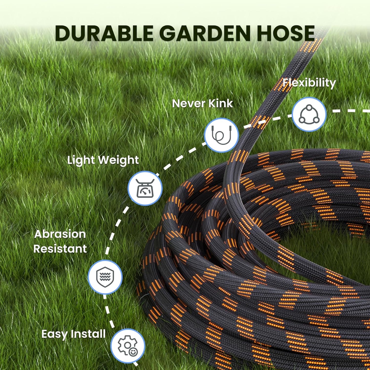 Giraffe Tools Non-Expandable Garden Hose 100FT 1/2” Lightweight Flexible Water Hoses Burst 600 psi with 9 Spray Function Nozzle Heavy Duty Hose