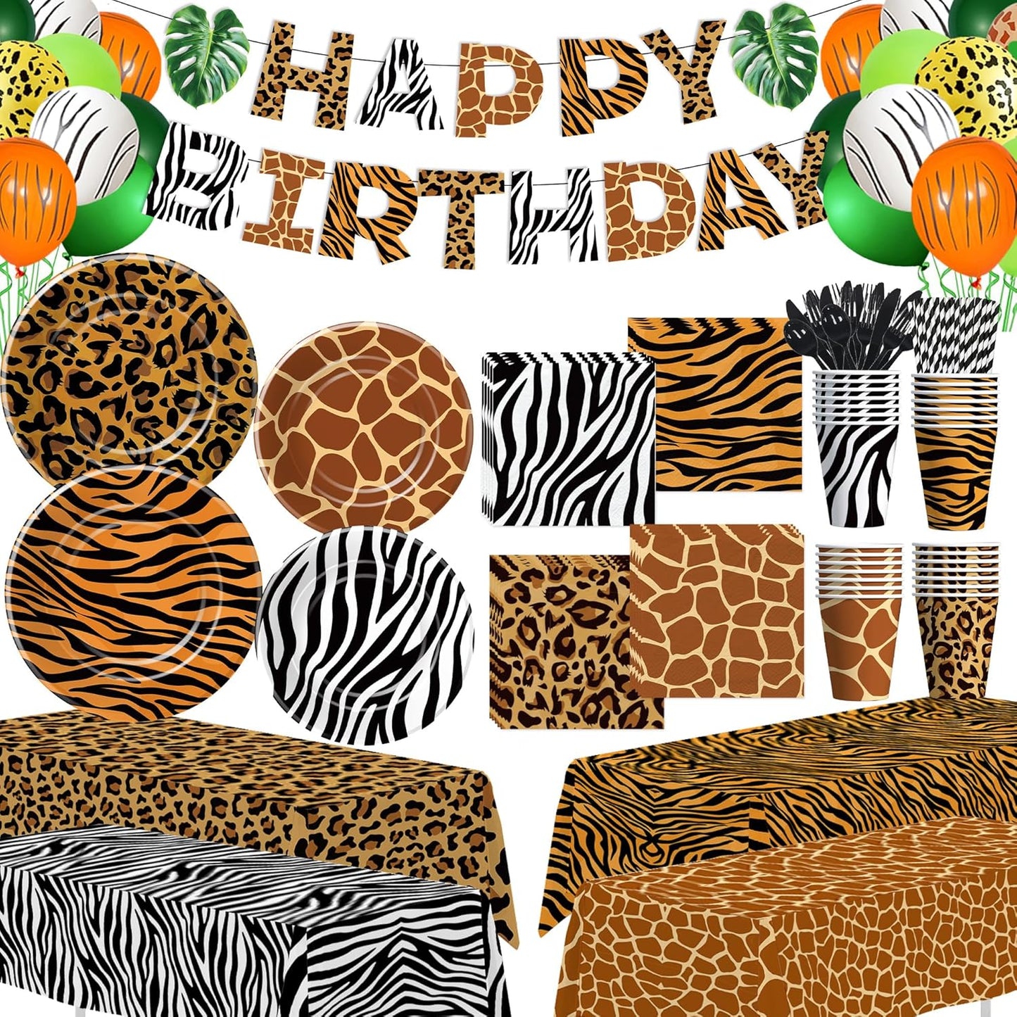 Jungle Safari Party Decorations, Jungle Birthday Party Supplies, Paper Plate, Napkin, Cup, Tablecloth, Banner, Wild Animal Print Balloon, Cutlery, Safari Birthday Decorations, Serves 24