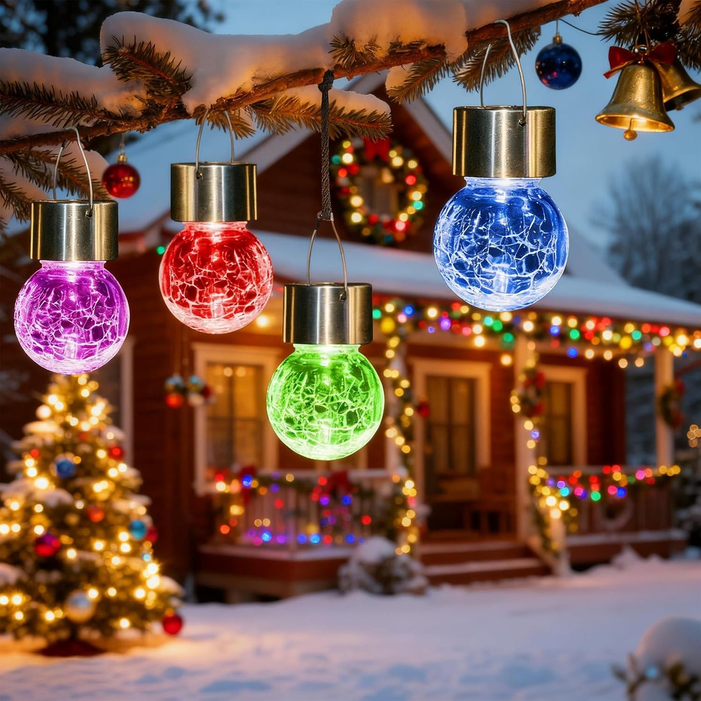 Solpex Hanging Solar Lights Outdoor, 8 Pack Decorative Cracked Glass Ball Light, Solar Powered Waterproof Globe Lighting, Hanging Globe Solar Lights for Garden, Yard, Patio, Lawn, Flower Bed