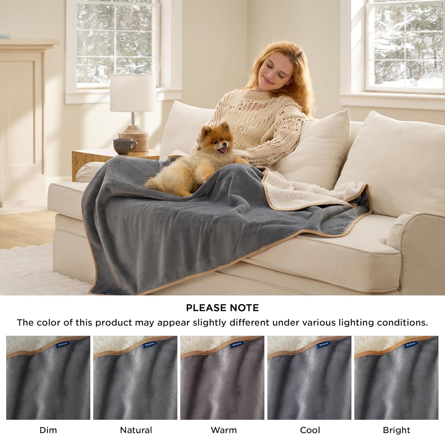 Bedsure Waterproof Blanket for Bed King Size- Sherpa Fleece Waterproof Dog Blankets for Large Dogs, Pet Blankets for Bed/Couch, Soft Plush Reversible Furniture Protector, 108"x86", Grey