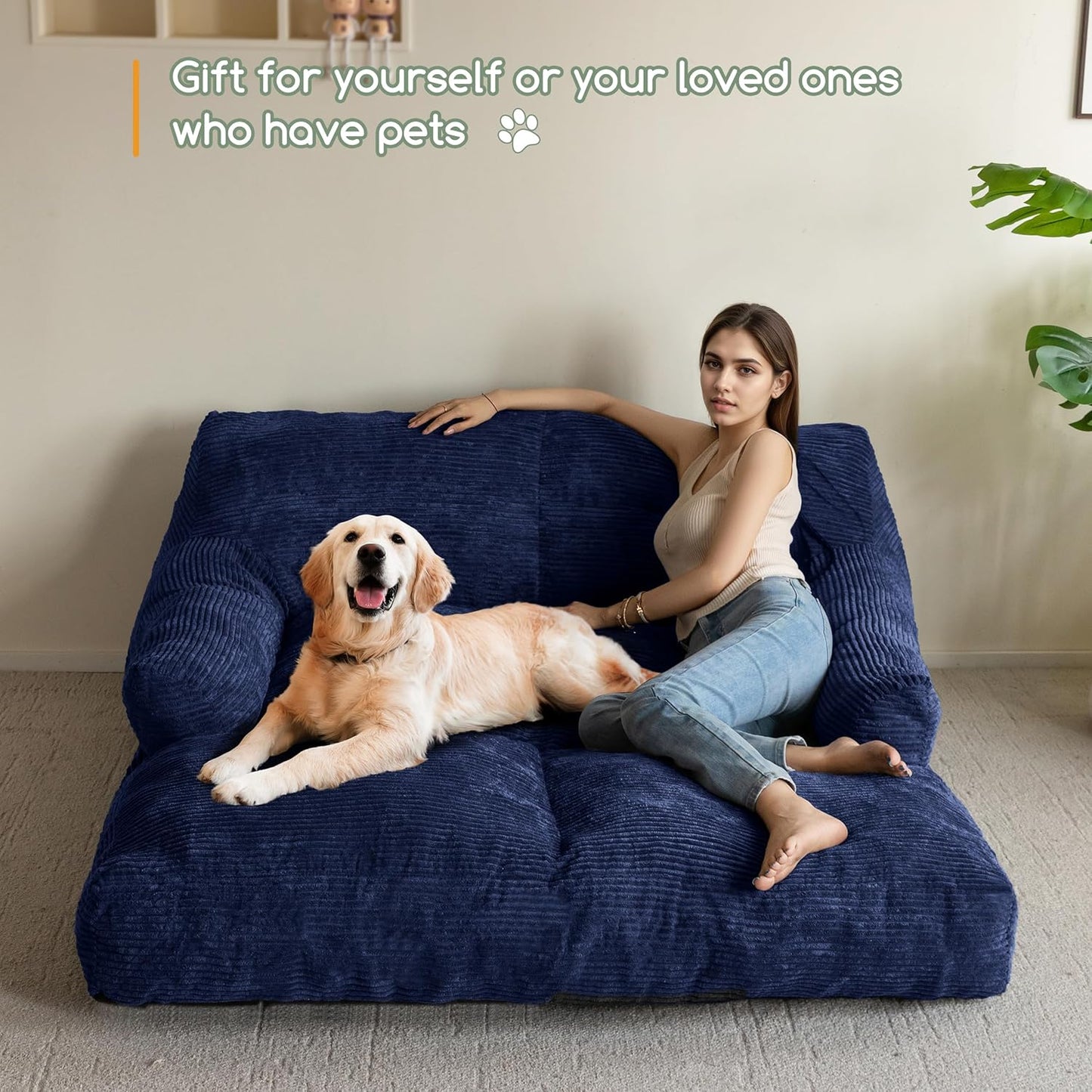 HIGOGOGO Giant Human Dog Sofa Bed, Extended Large Comfy Floor Couch for Pet Families, Corded Fabric Orthopedic Dog Bed for Human with Supportive Foam & Anti-Slip Bottom, XXXL Size, Blue
