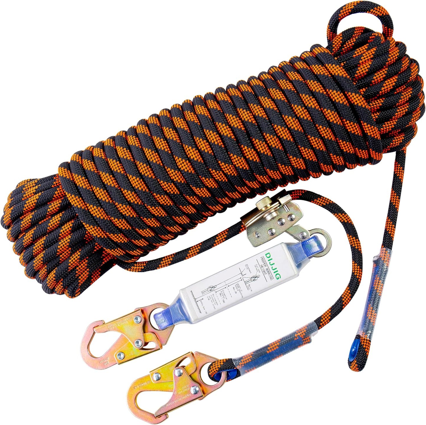 Rope Harness Safety Lanyard 100ft Vertical Roofing Rope With Grab Snap Hooks Shock Absorber Fall Protection Tree Climbing Line Kit Heavy Duty Roof Safety Equipment ANSI CE