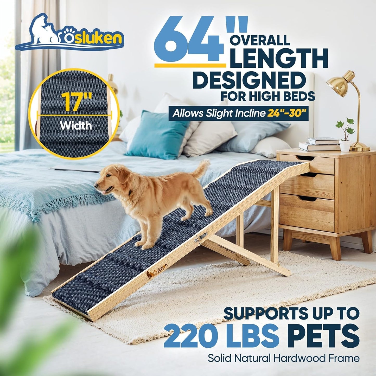 Dog Ramp for Bed, L64 W17 Foldable Pet Ramp for Small Large Dogs Cats, Dog Ramps for High Beds Car, High Traction with Platform 6 Adjustable Heights 24" to 30" Up to 220LBS, Wood